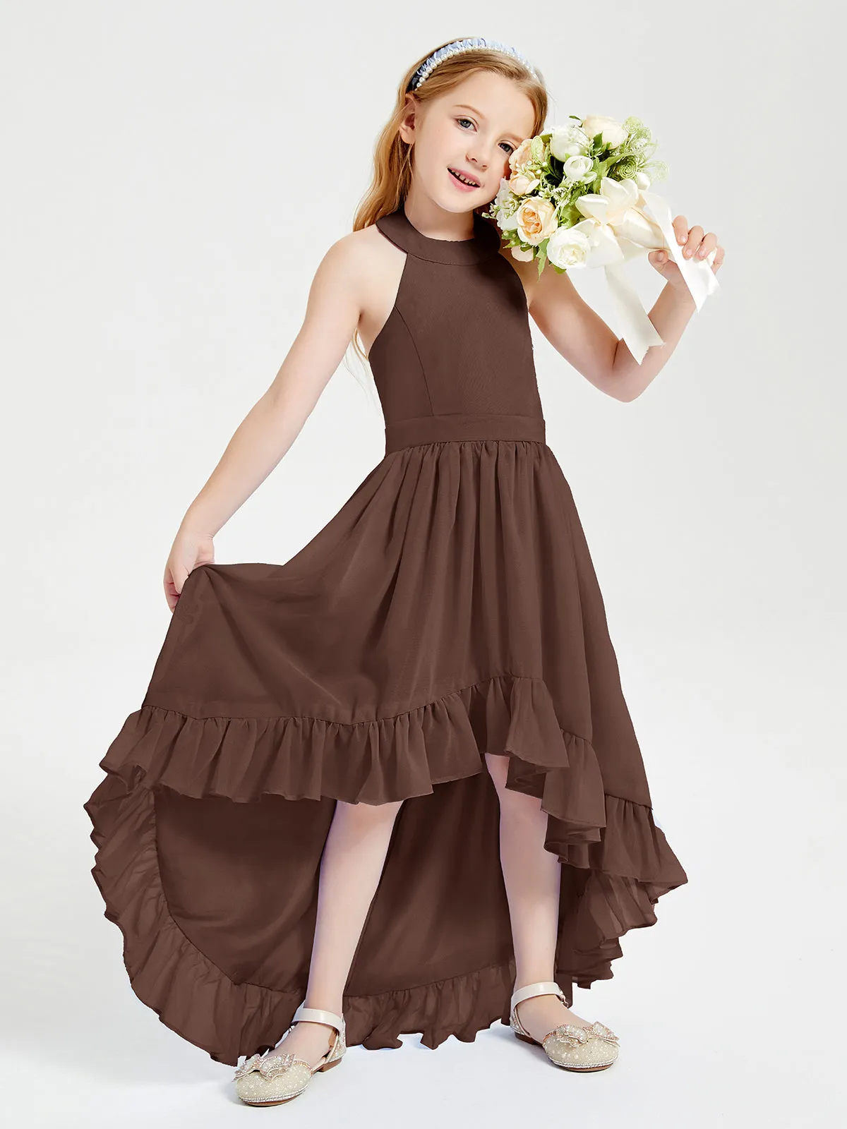 Boho Junior Bridesmaid Dresses Asymmetrical Cascading Skirt Chocolate