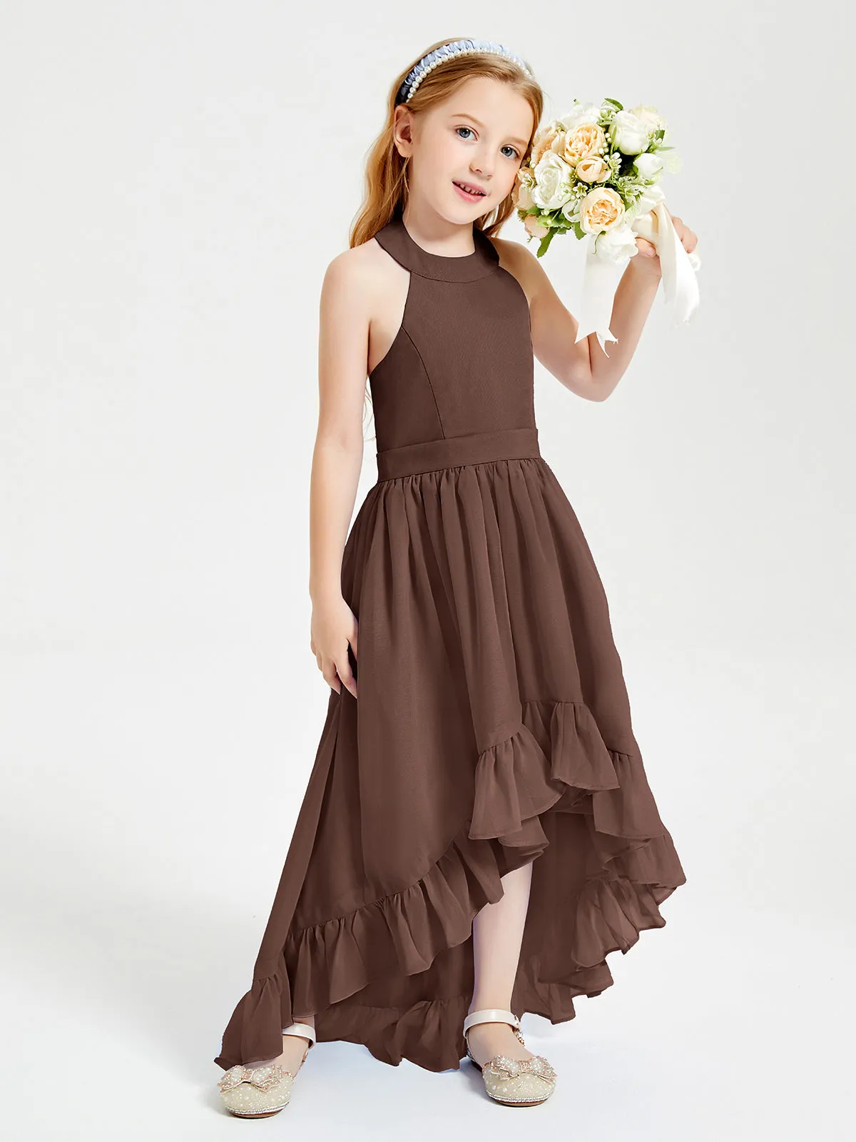 Boho Junior Bridesmaid Dresses Asymmetrical Cascading Skirt Chocolate