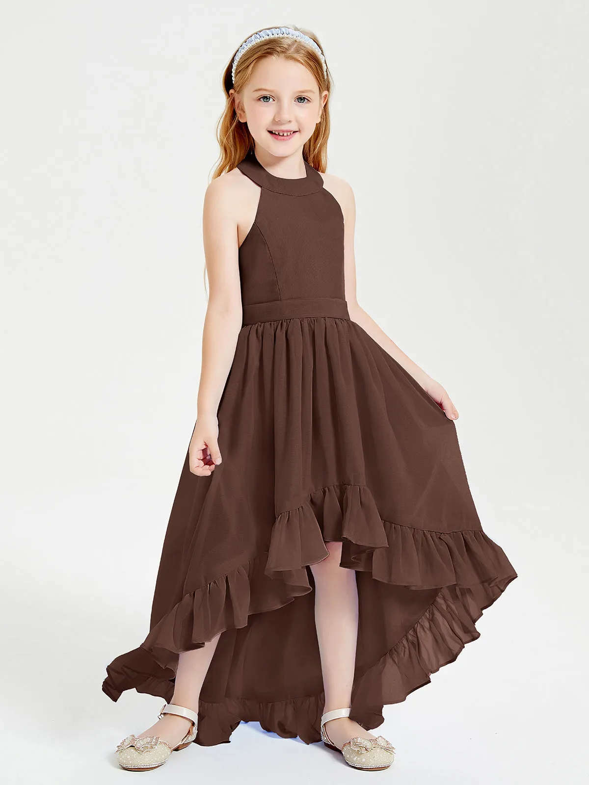 Boho Junior Bridesmaid Dresses Asymmetrical Cascading Skirt Chocolate