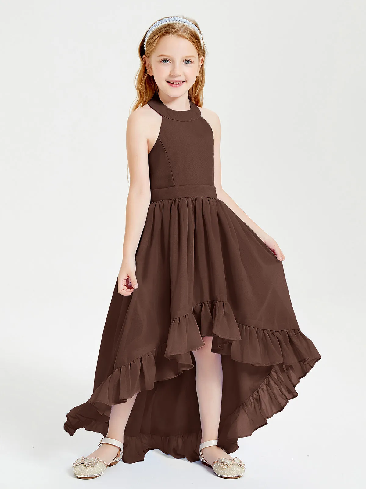 Boho Junior Bridesmaid Dresses Asymmetrical Cascading Skirt Chocolate