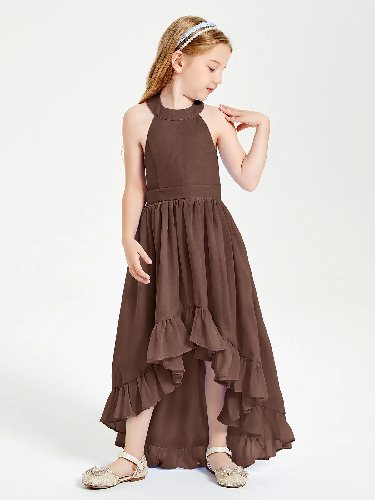 Boho Junior Bridesmaid Dresses Asymmetrical Cascading Skirt Chocolate