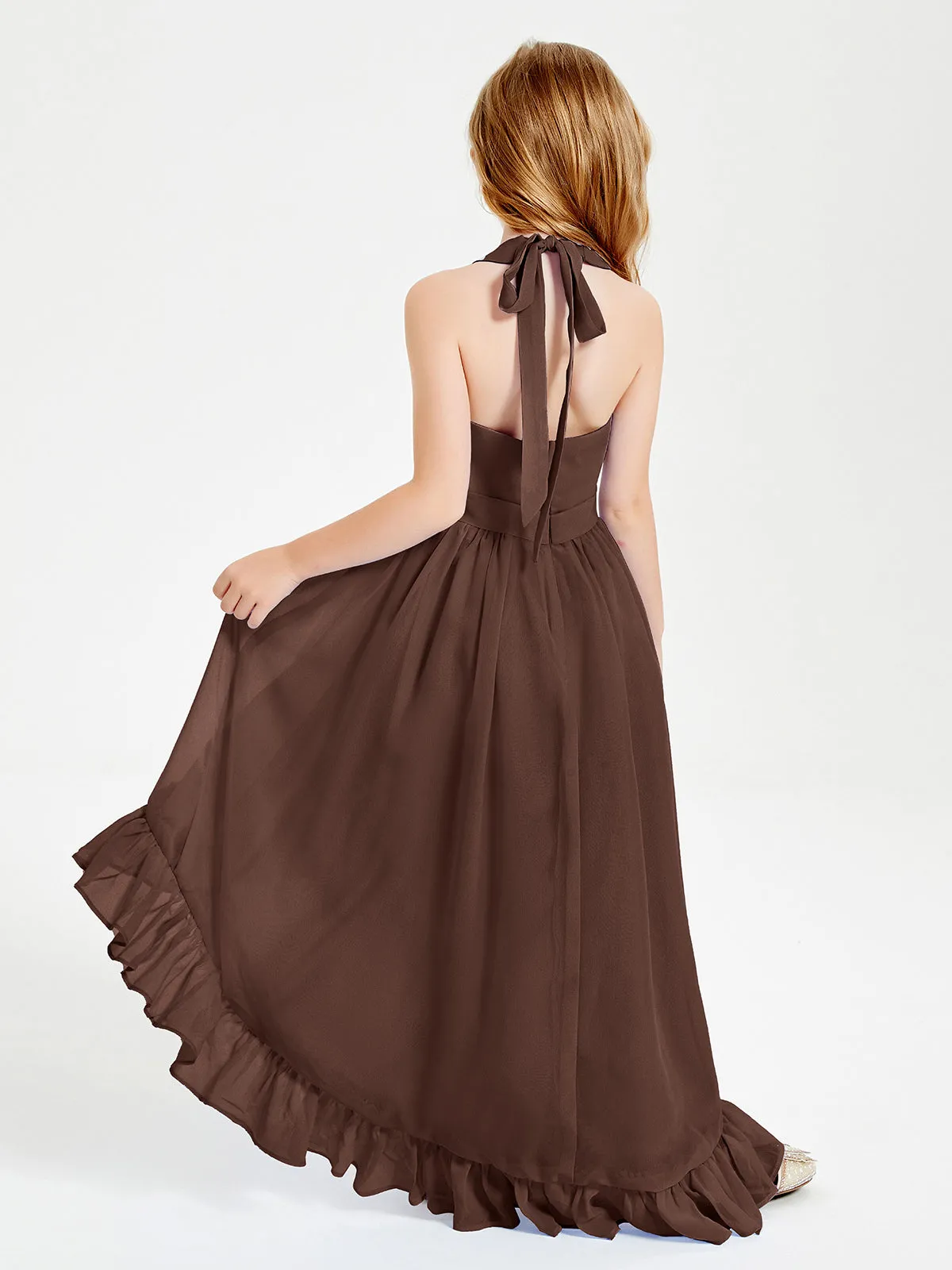 Boho Junior Bridesmaid Dresses Asymmetrical Cascading Skirt Chocolate