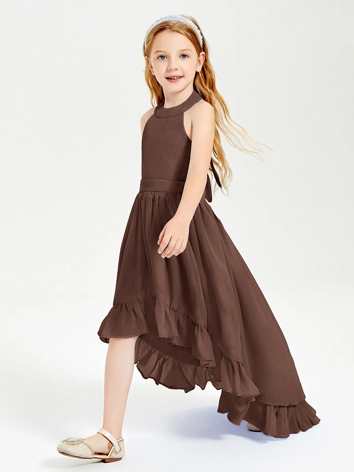 Boho Junior Bridesmaid Dresses Asymmetrical Cascading Skirt Chocolate