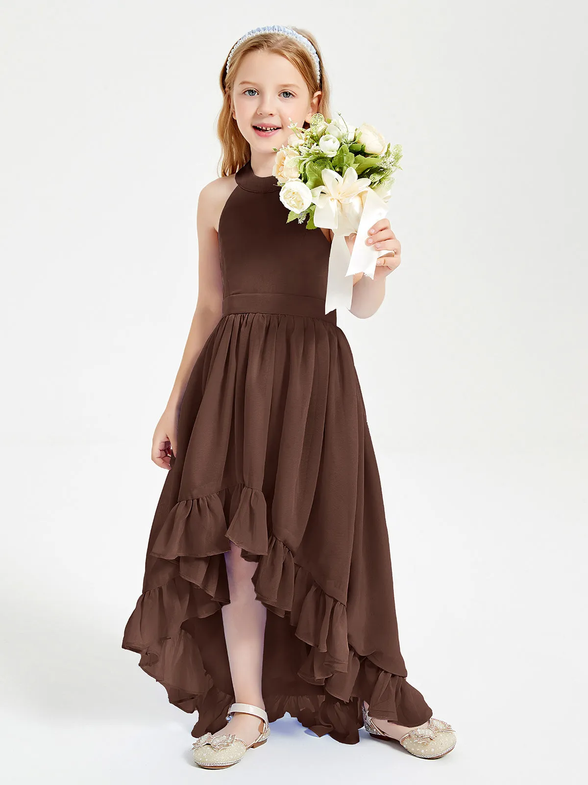 Boho Junior Bridesmaid Dresses Asymmetrical Cascading Skirt Chocolate