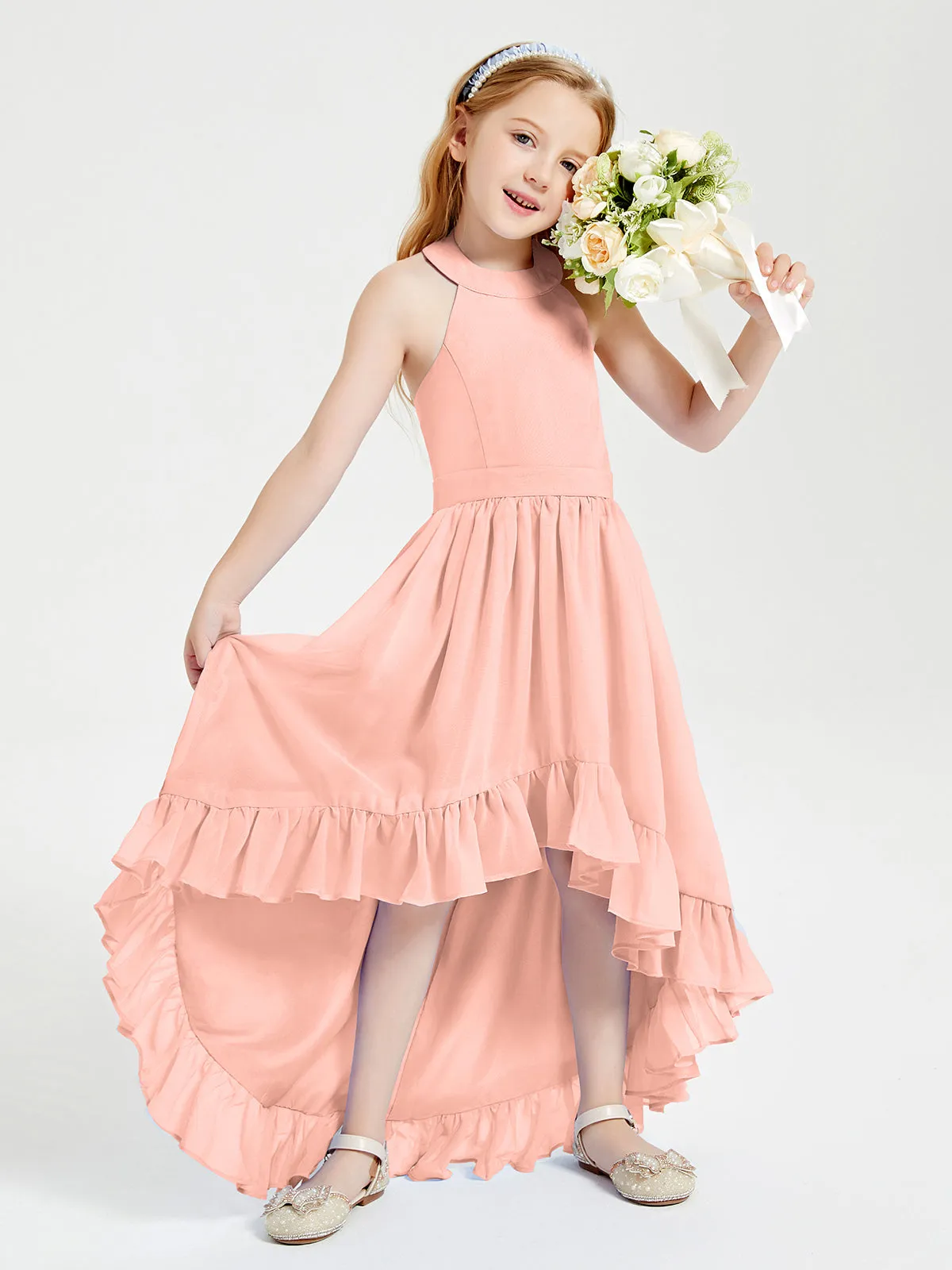 Boho Junior Bridesmaid Dresses Asymmetrical Cascading Skirt Coral