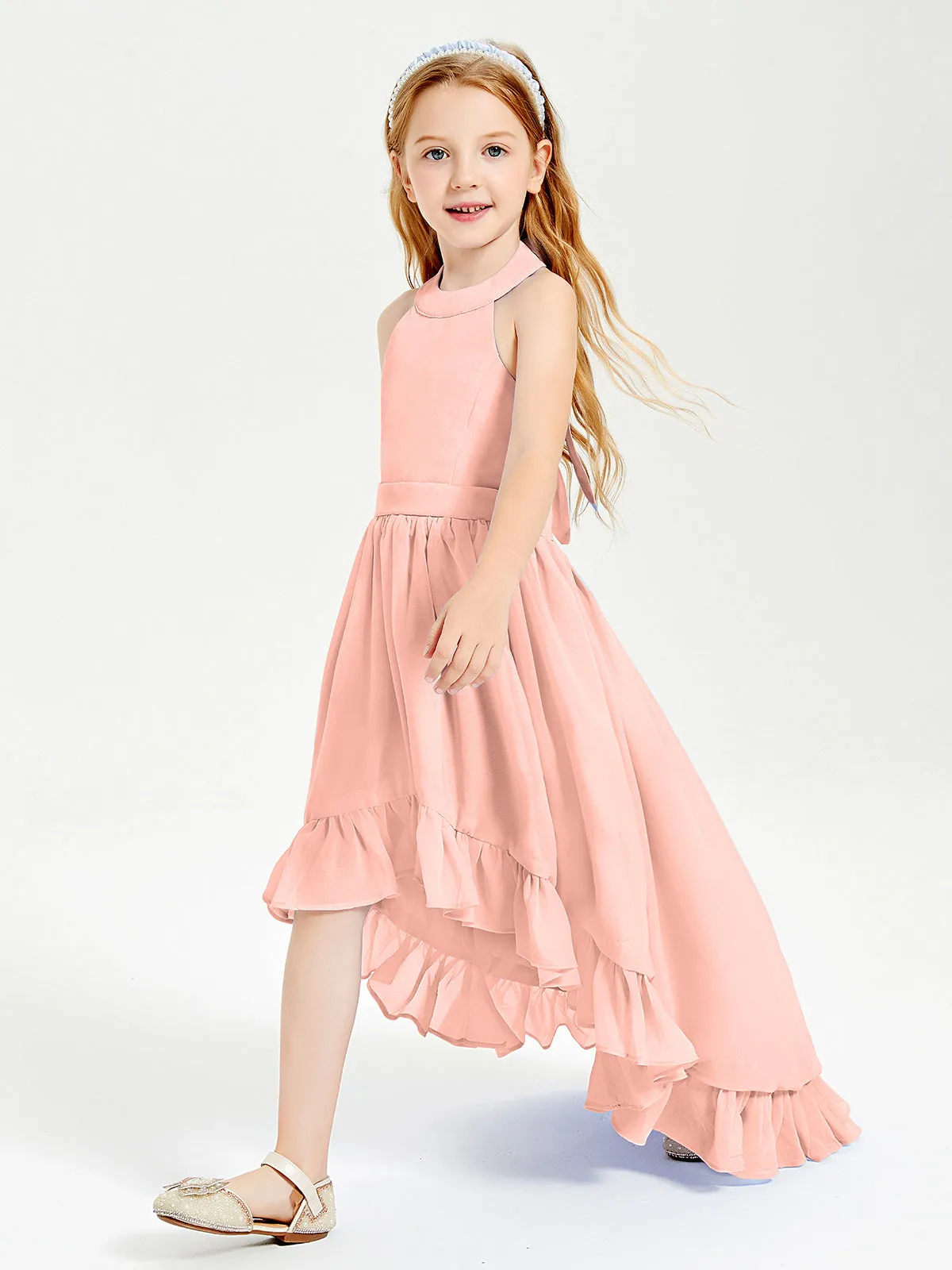 Boho Junior Bridesmaid Dresses Asymmetrical Cascading Skirt Coral