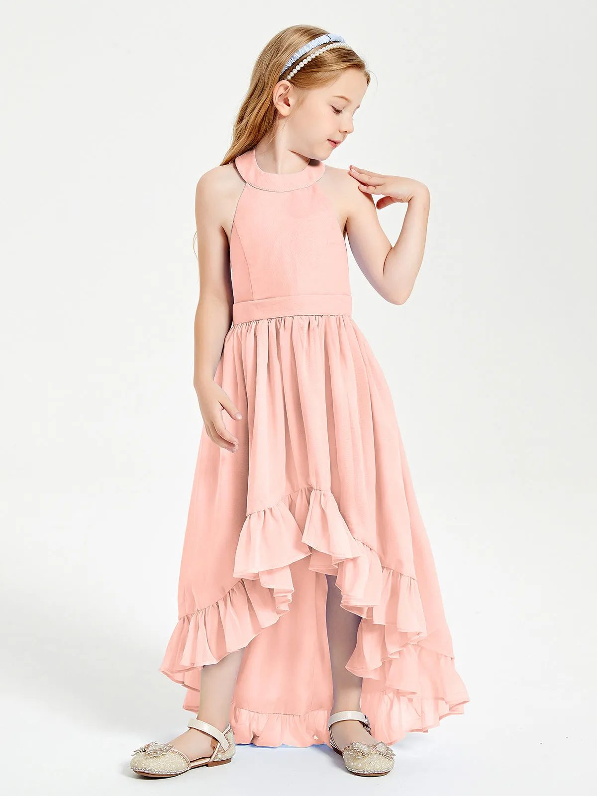 Boho Junior Bridesmaid Dresses Asymmetrical Cascading Skirt Coral