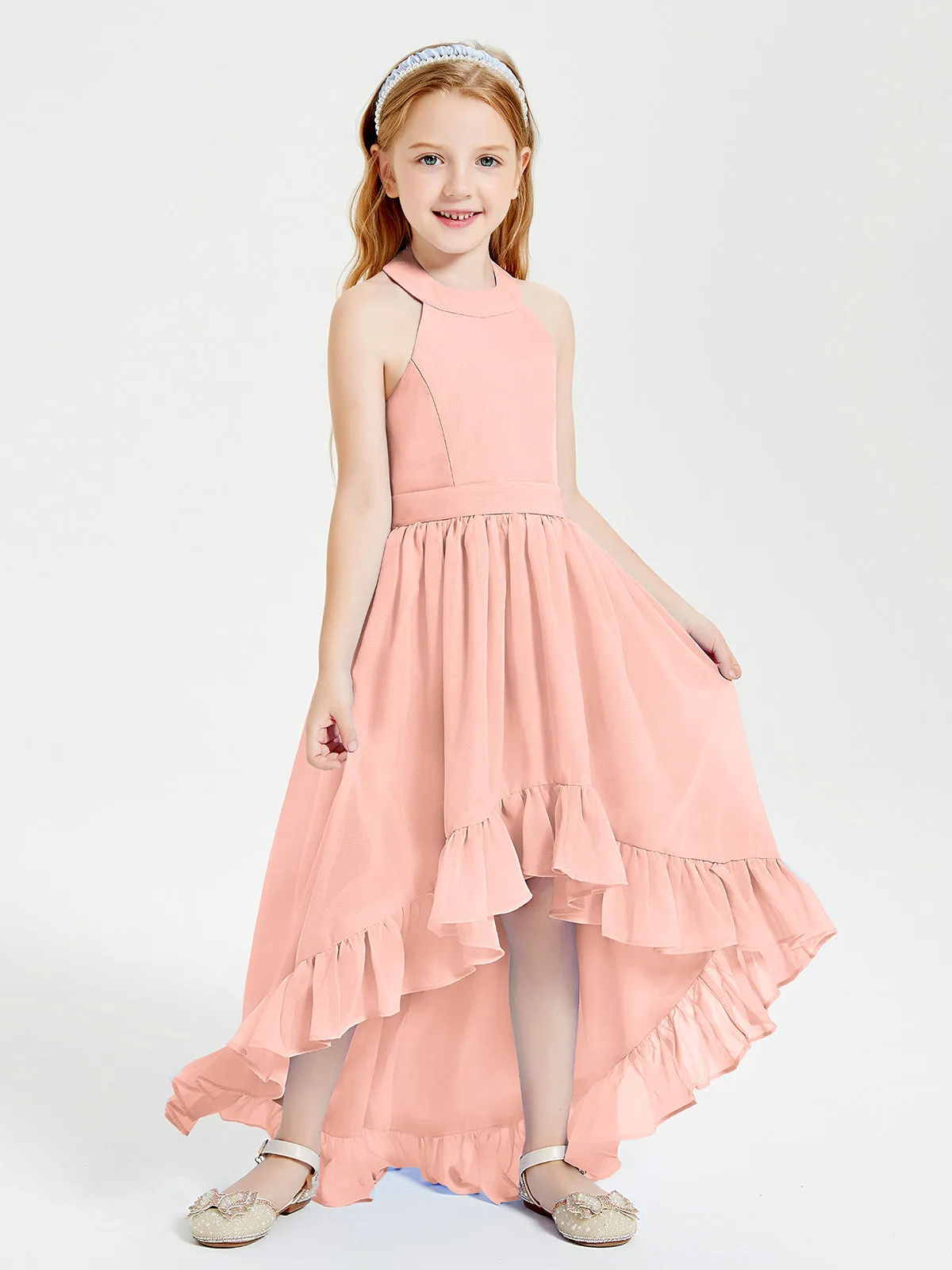 Boho Junior Bridesmaid Dresses Asymmetrical Cascading Skirt Coral