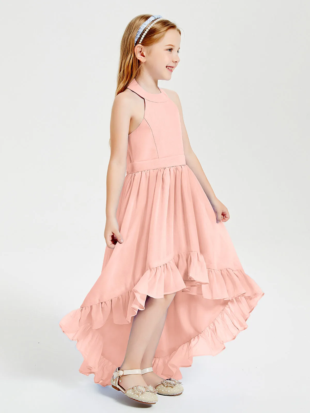 Boho Junior Bridesmaid Dresses Asymmetrical Cascading Skirt Coral