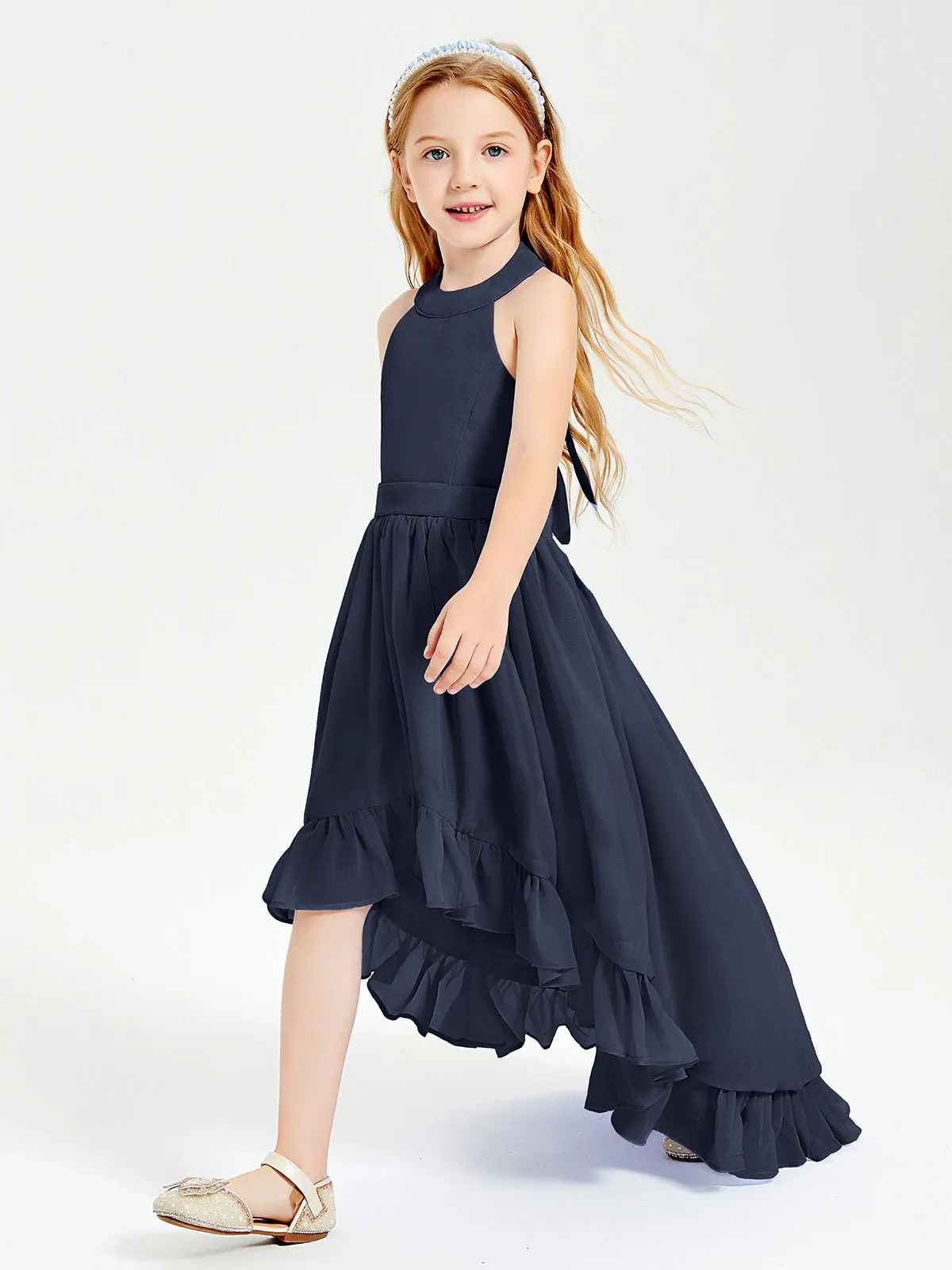 Boho Junior Bridesmaid Dresses Asymmetrical Cascading Skirt Dark Navy