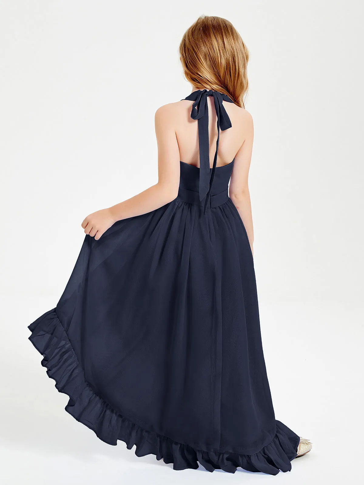 Boho Junior Bridesmaid Dresses Asymmetrical Cascading Skirt Dark Navy