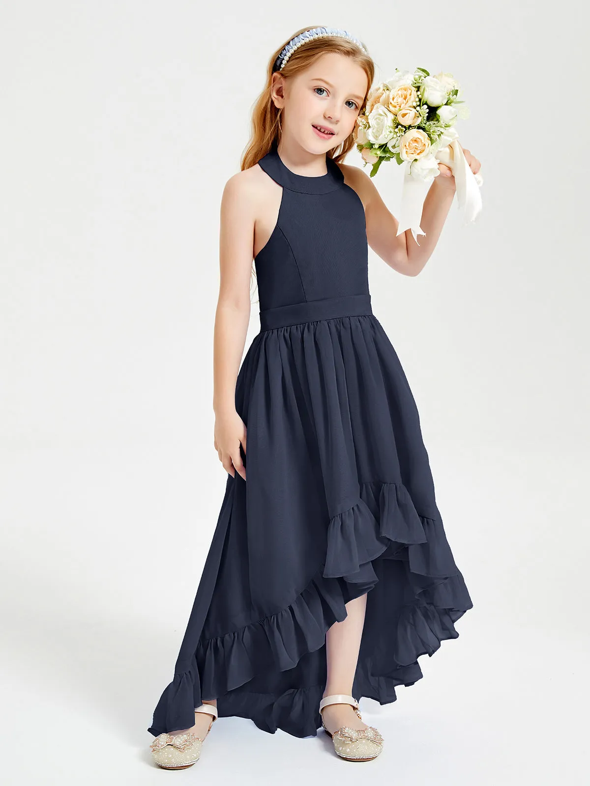 Boho Junior Bridesmaid Dresses Asymmetrical Cascading Skirt Dark Navy