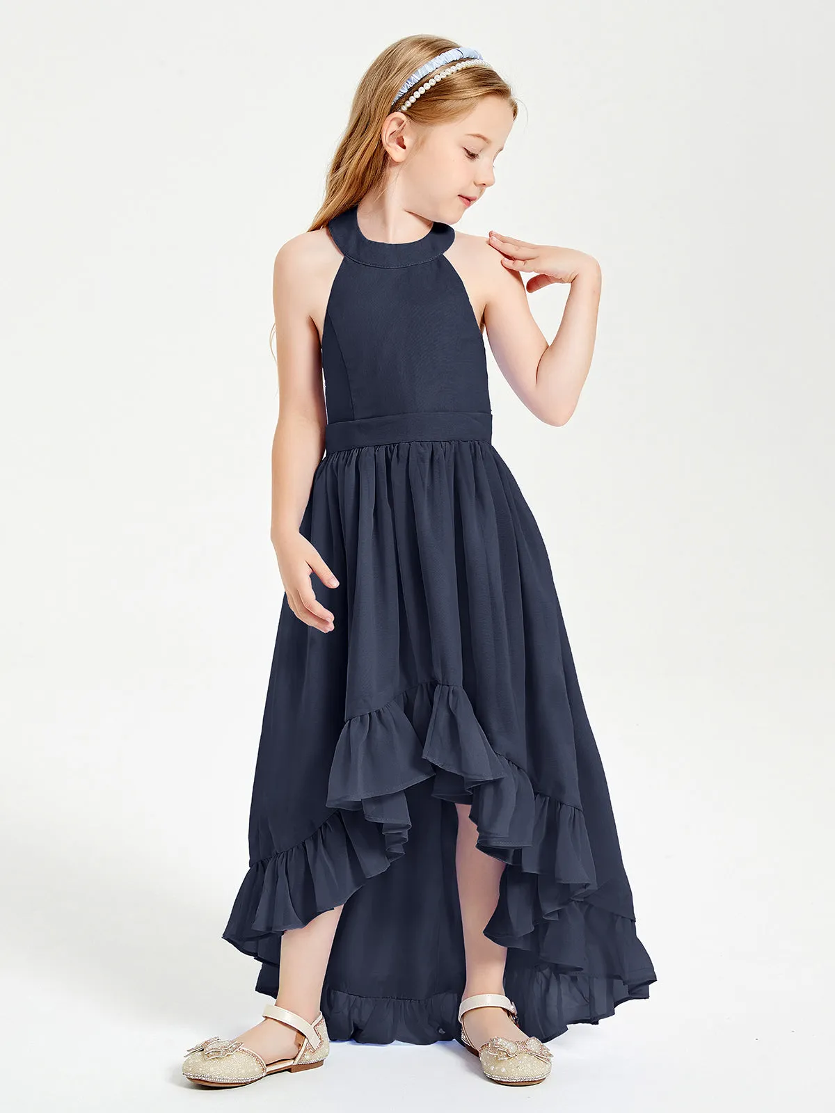 Boho Junior Bridesmaid Dresses Asymmetrical Cascading Skirt Dark Navy