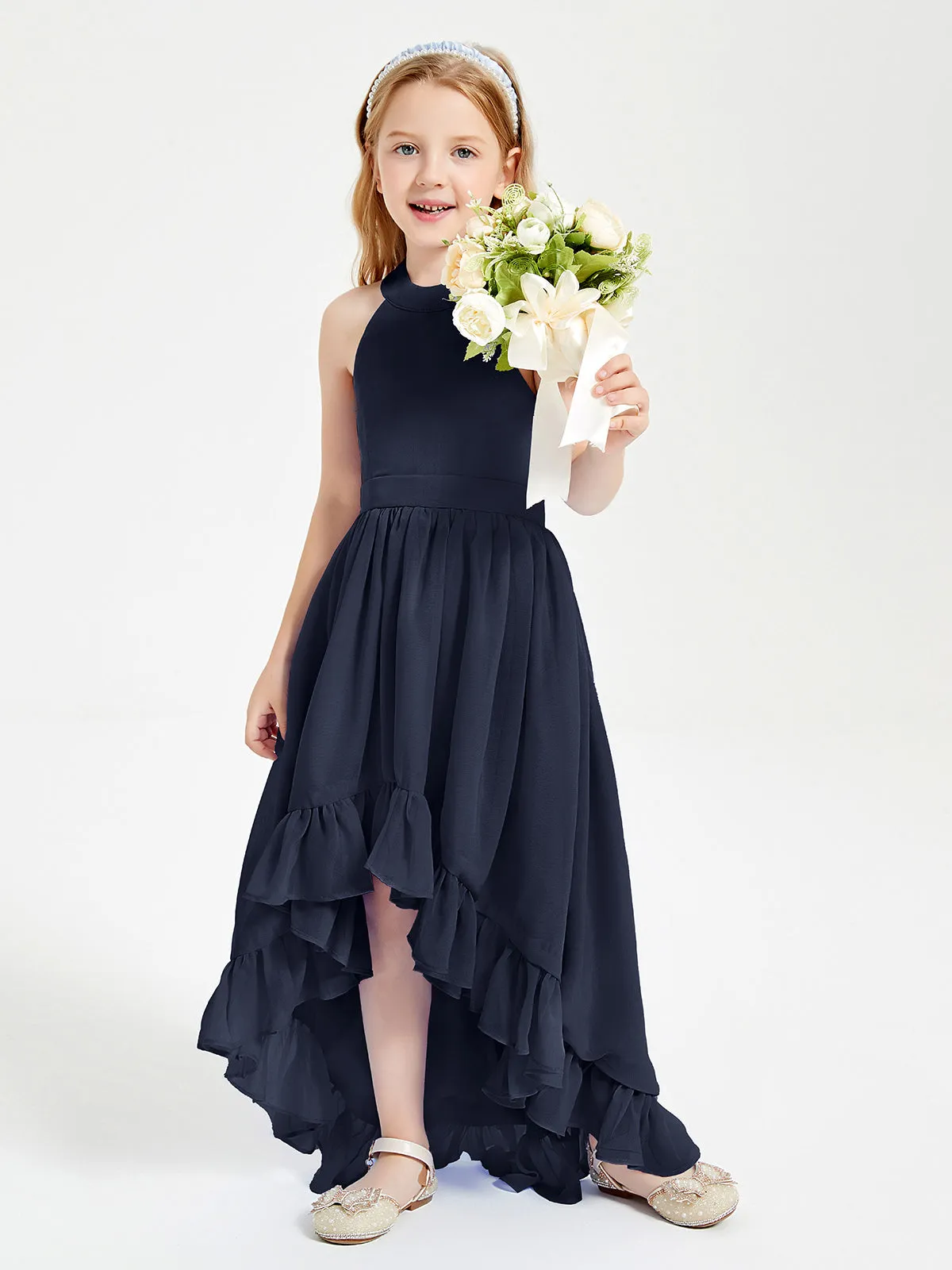 Boho Junior Bridesmaid Dresses Asymmetrical Cascading Skirt Dark Navy