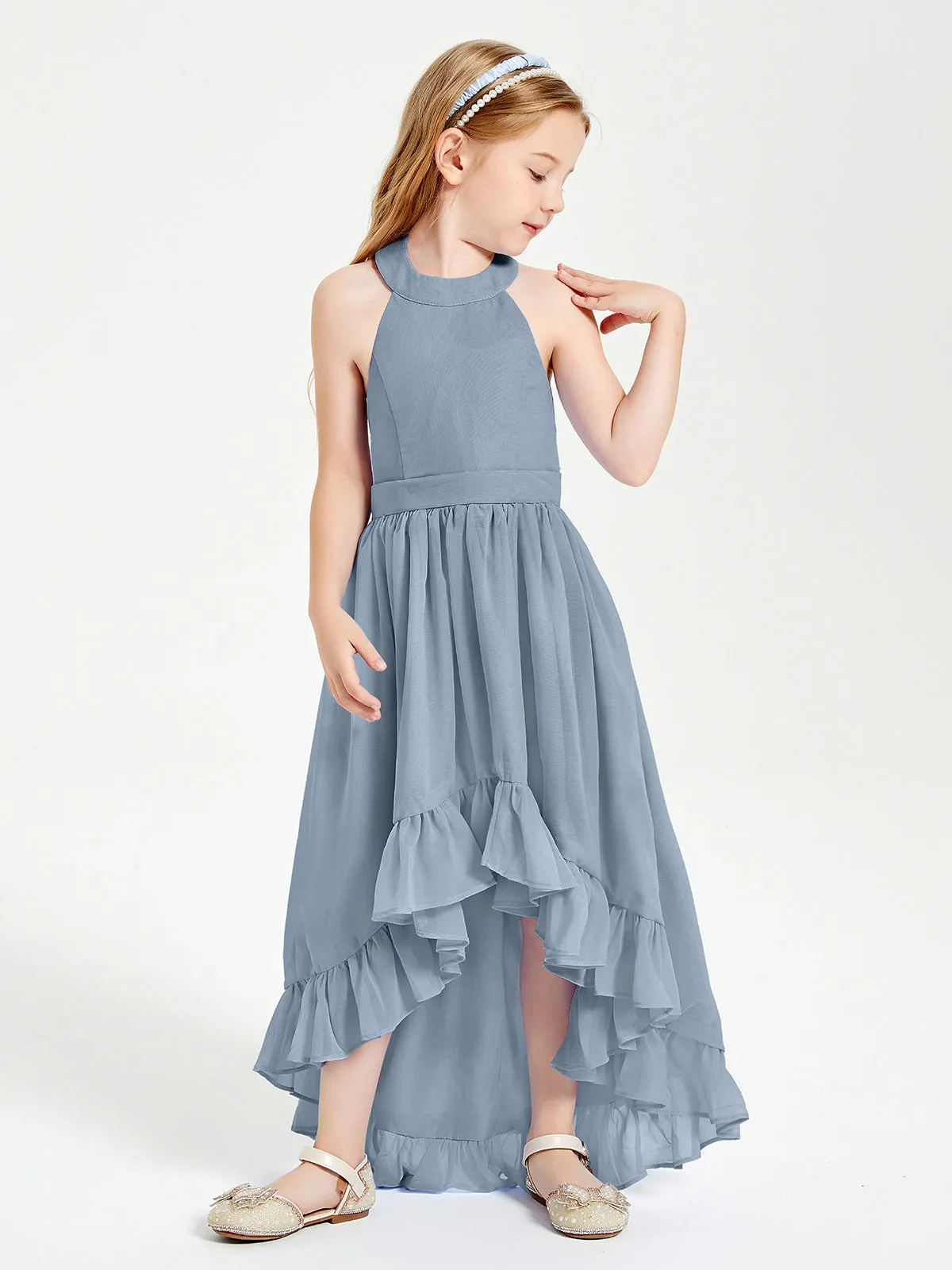 Boho Junior Bridesmaid Dresses Asymmetrical Cascading Skirt Dusty Blue