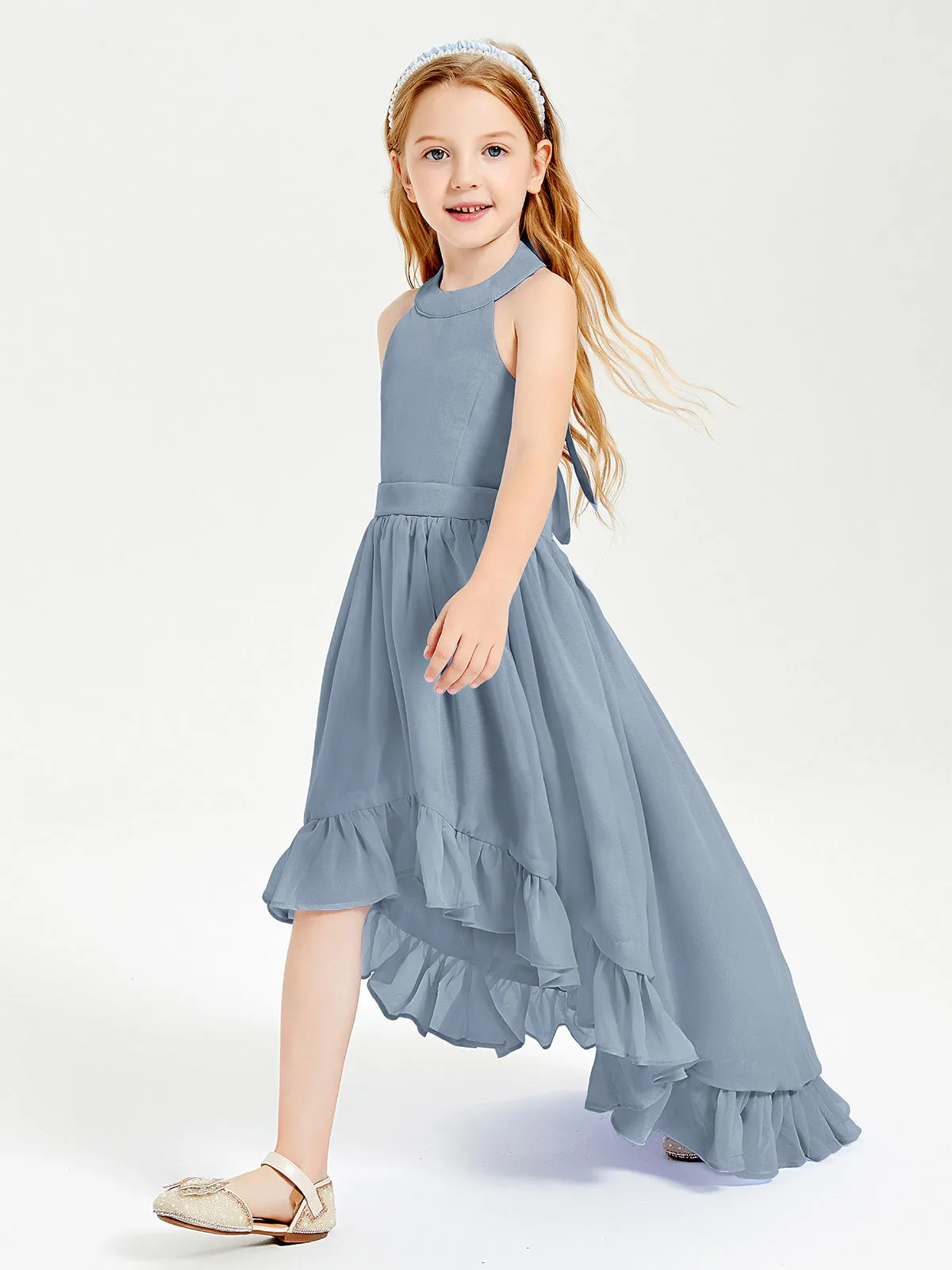 Boho Junior Bridesmaid Dresses Asymmetrical Cascading Skirt Dusty Blue