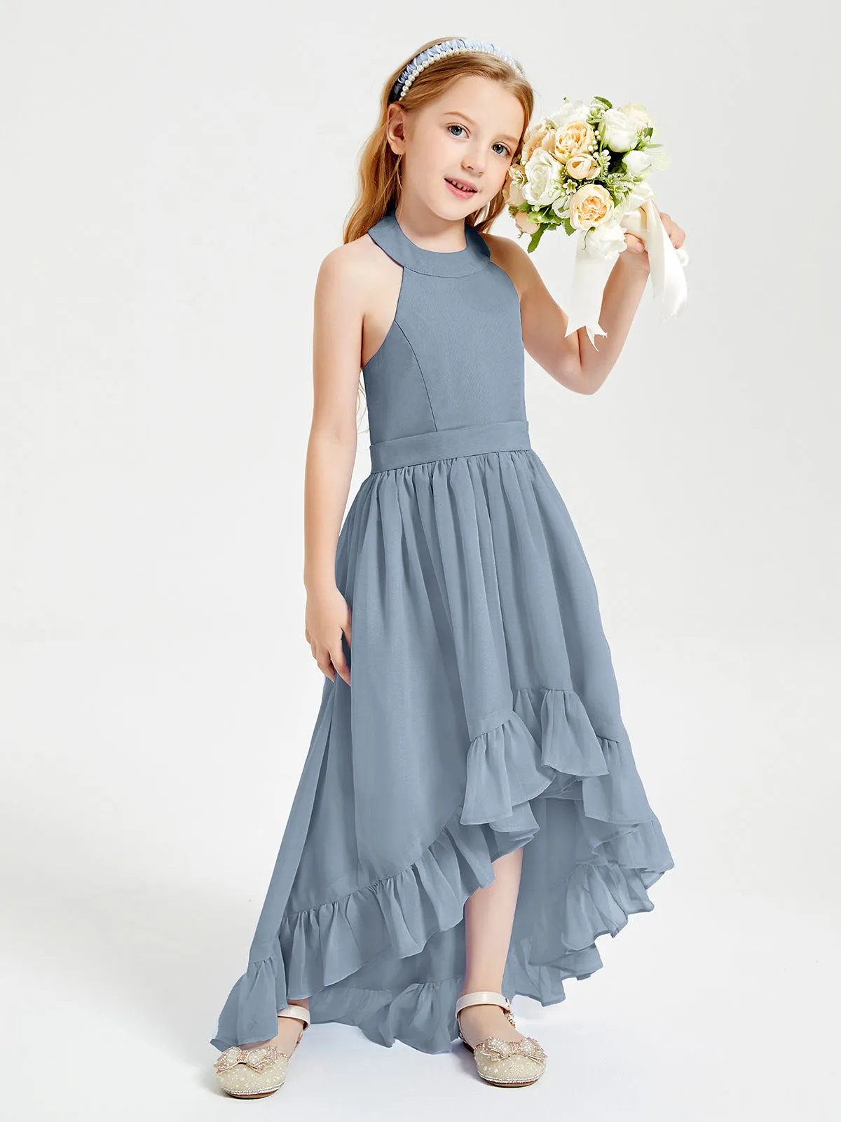 Boho Junior Bridesmaid Dresses Asymmetrical Cascading Skirt Dusty Blue