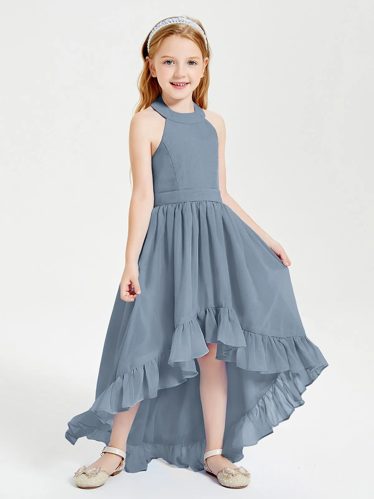 Boho Junior Bridesmaid Dresses Asymmetrical Cascading Skirt Dusty Blue