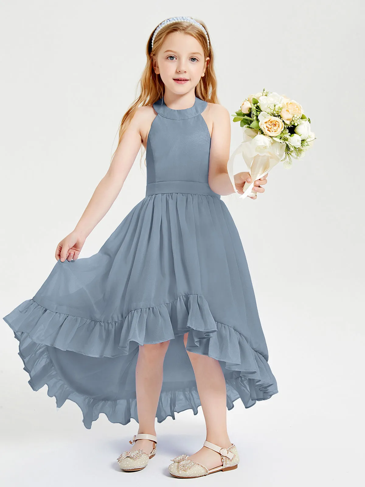 Boho Junior Bridesmaid Dresses Asymmetrical Cascading Skirt Dusty Blue