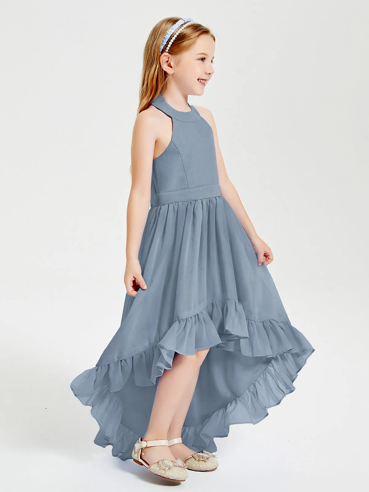 Boho Junior Bridesmaid Dresses Asymmetrical Cascading Skirt Dusty Blue