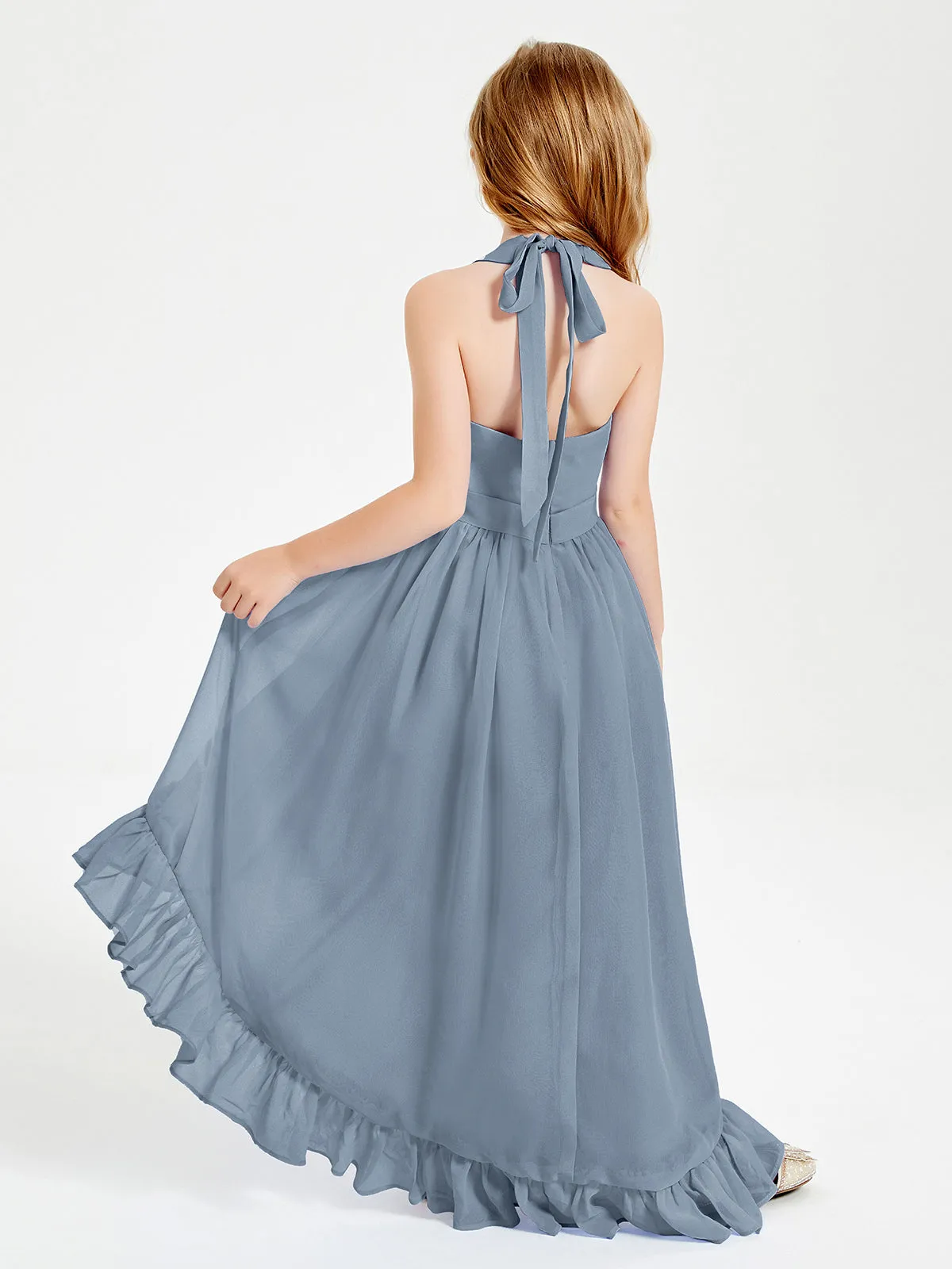 Boho Junior Bridesmaid Dresses Asymmetrical Cascading Skirt Dusty Blue