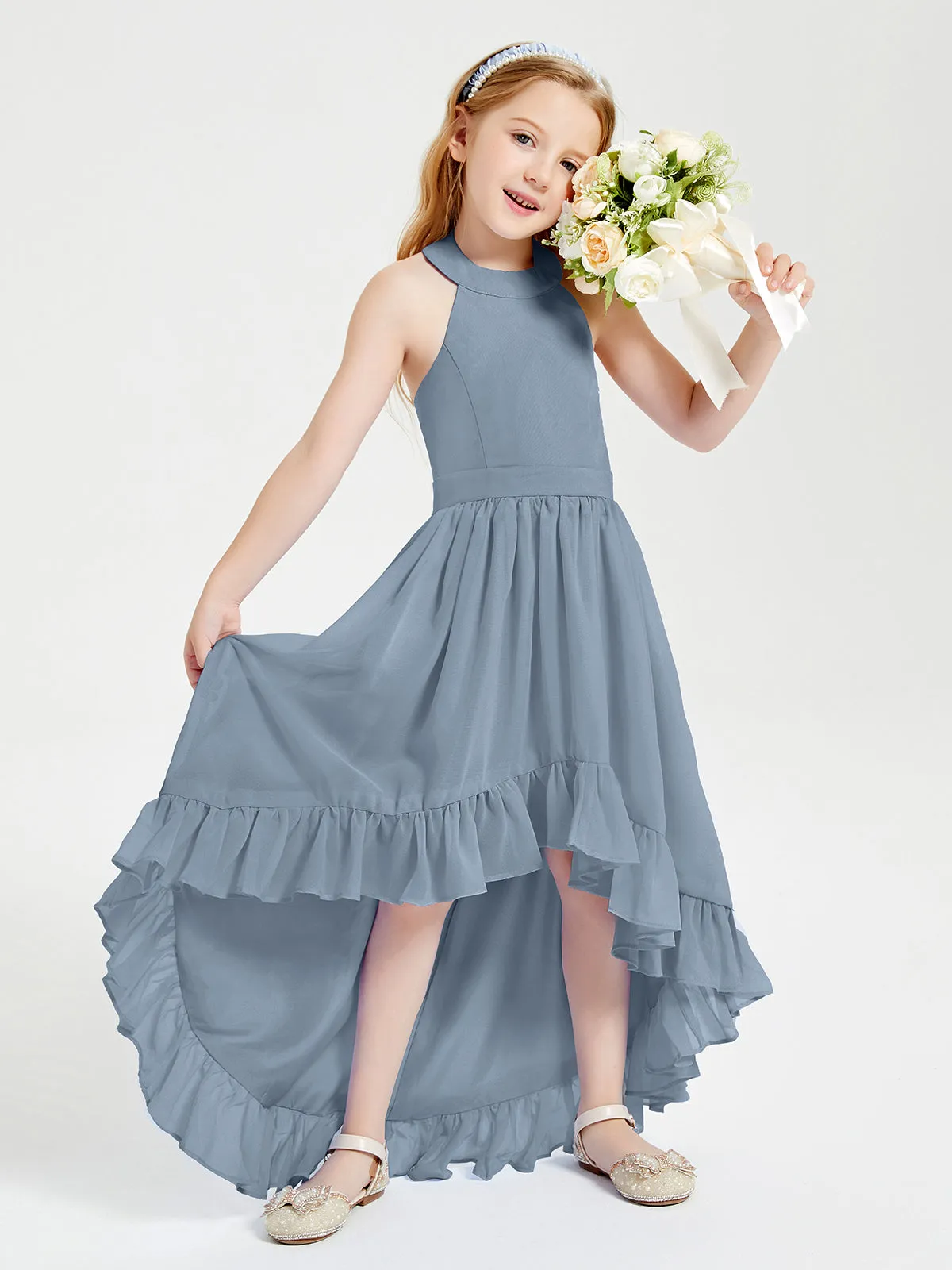 Boho Junior Bridesmaid Dresses Asymmetrical Cascading Skirt Dusty Blue