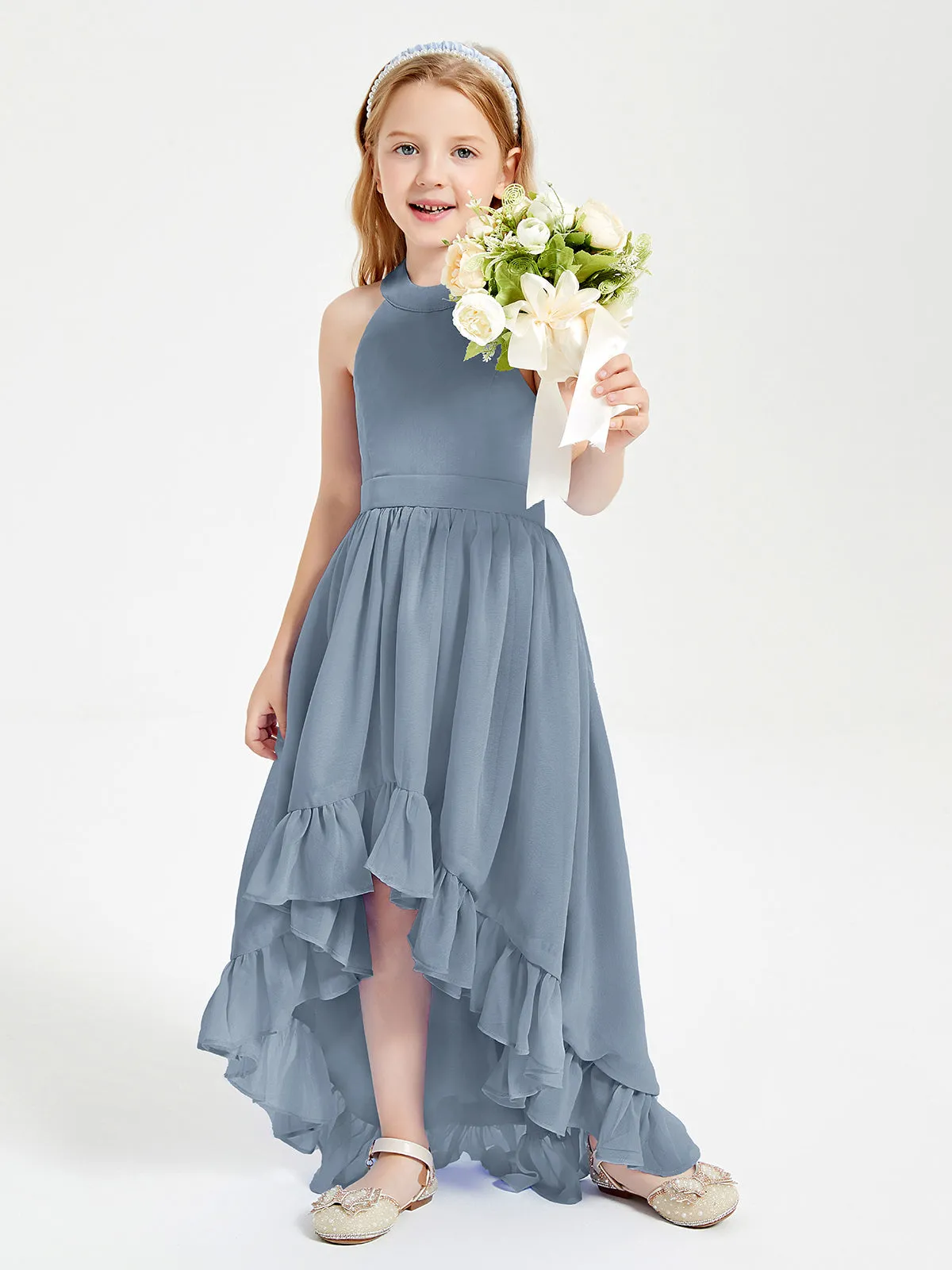 Boho Junior Bridesmaid Dresses Asymmetrical Cascading Skirt Dusty Blue