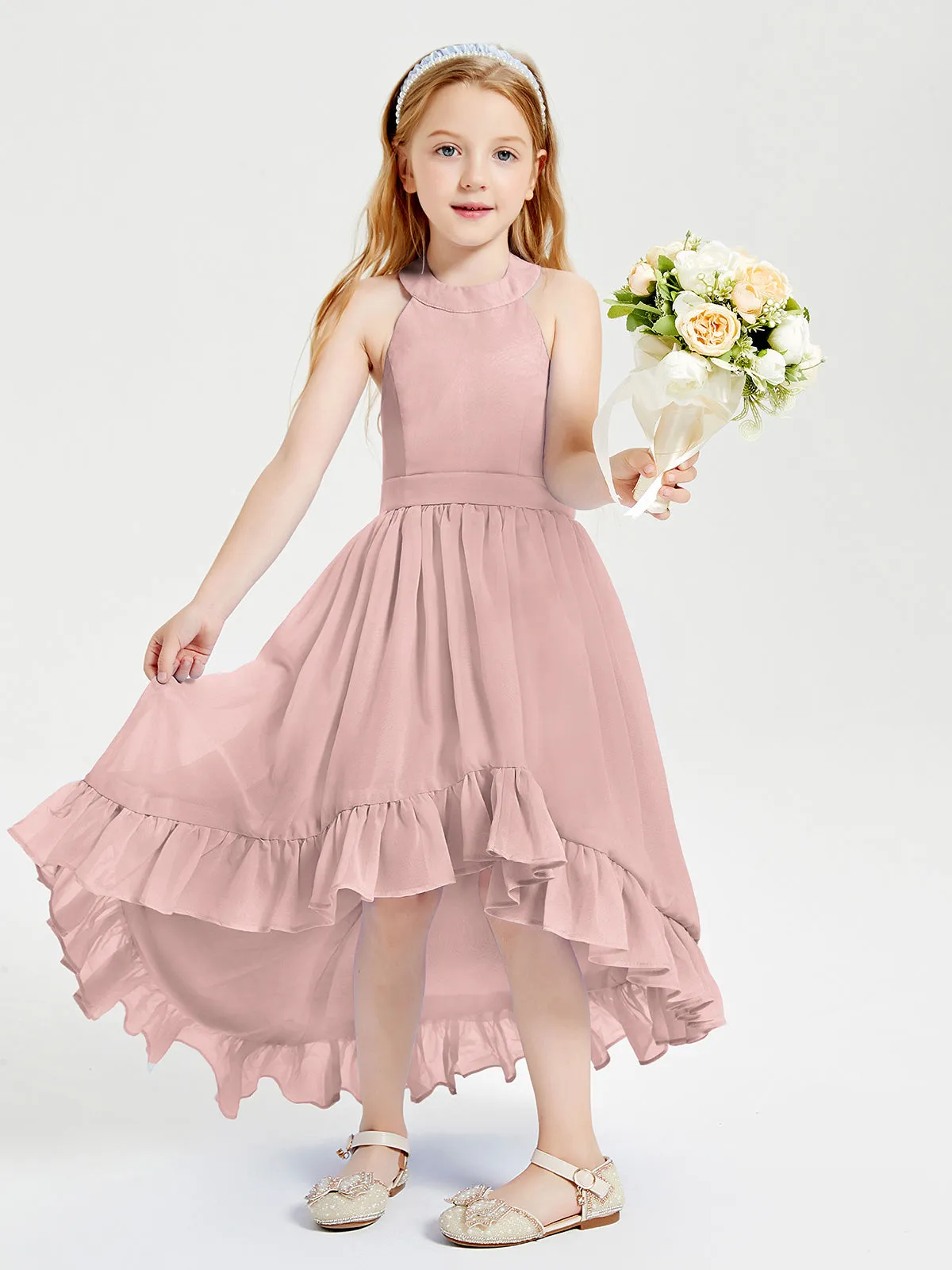 Boho Junior Bridesmaid Dresses Asymmetrical Cascading Skirt Dusty Rose