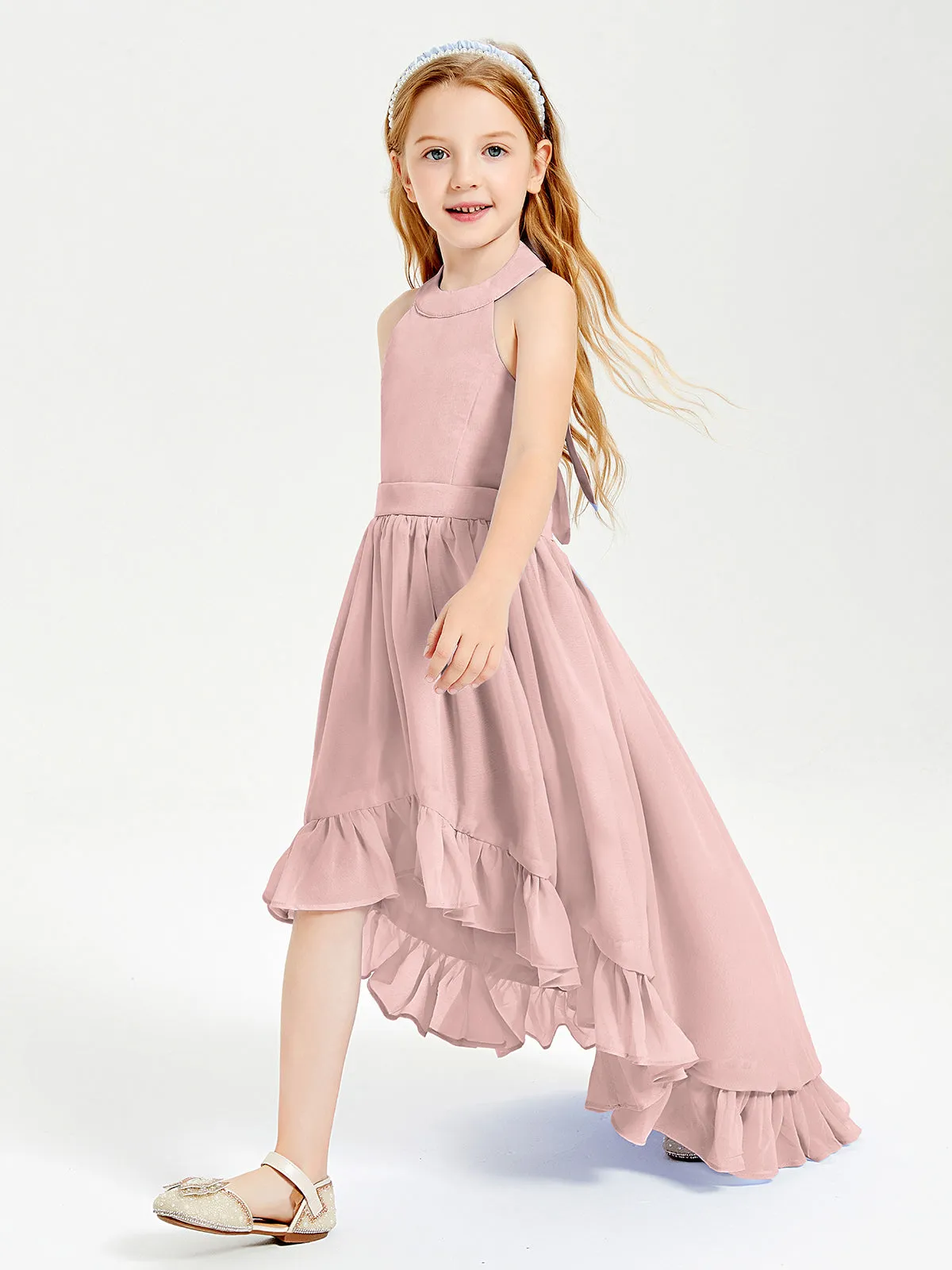 Boho Junior Bridesmaid Dresses Asymmetrical Cascading Skirt Dusty Rose