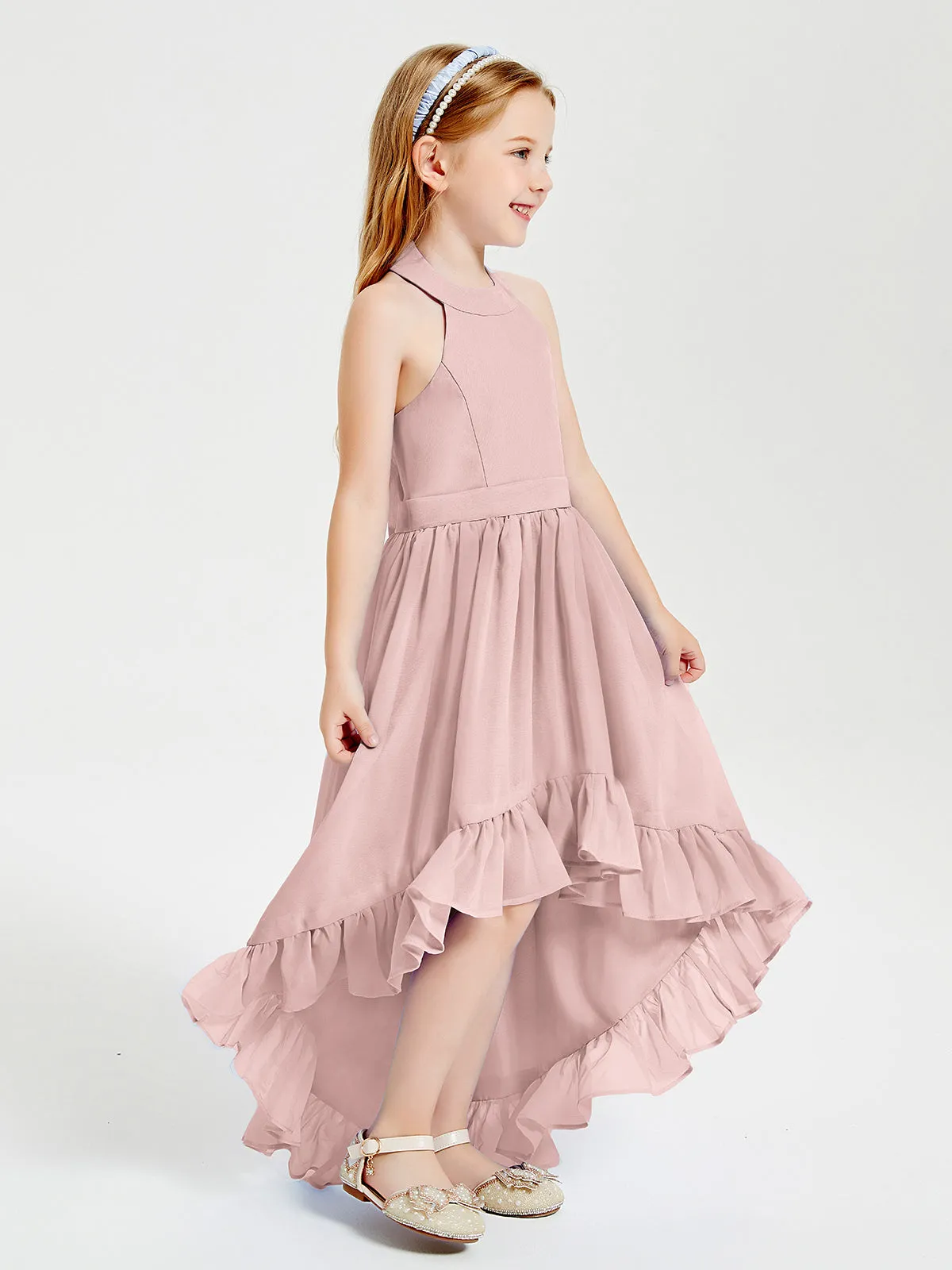 Boho Junior Bridesmaid Dresses Asymmetrical Cascading Skirt Dusty Rose