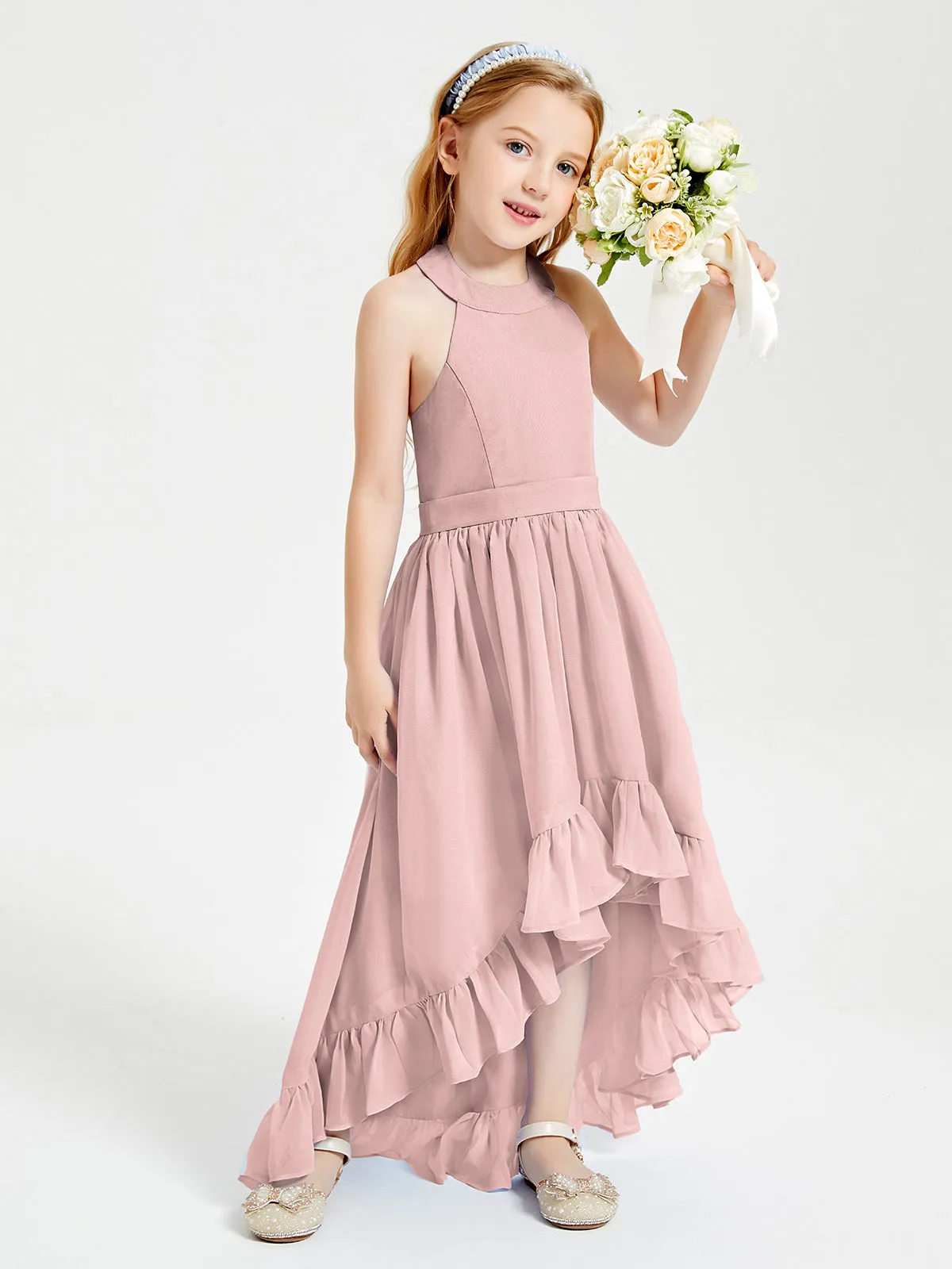 Boho Junior Bridesmaid Dresses Asymmetrical Cascading Skirt Dusty Rose