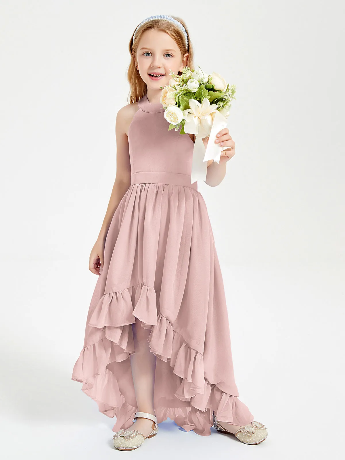 Boho Junior Bridesmaid Dresses Asymmetrical Cascading Skirt Dusty Rose