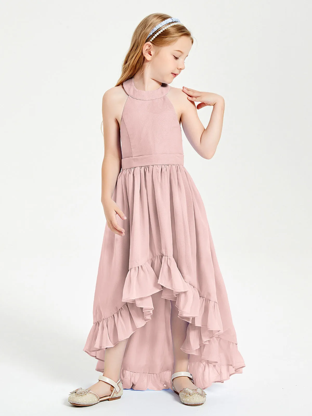 Boho Junior Bridesmaid Dresses Asymmetrical Cascading Skirt Dusty Rose