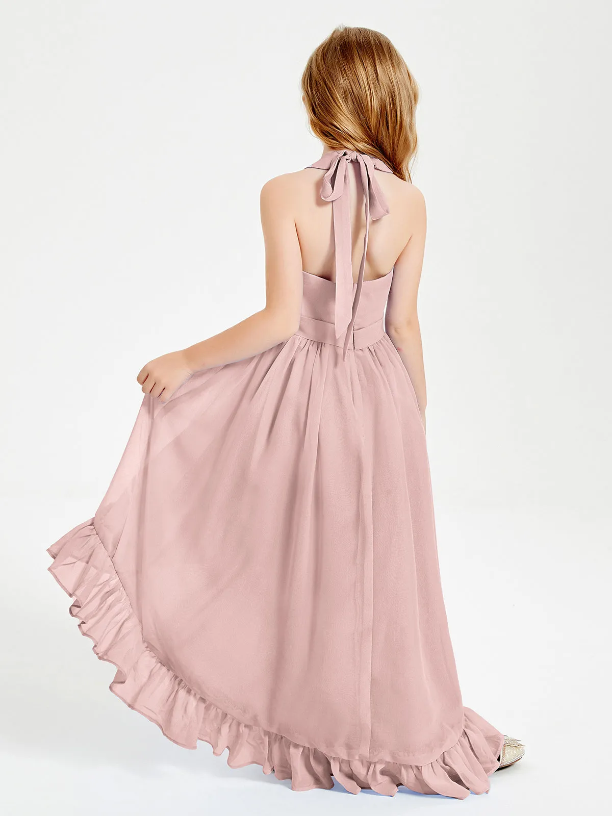 Boho Junior Bridesmaid Dresses Asymmetrical Cascading Skirt Dusty Rose