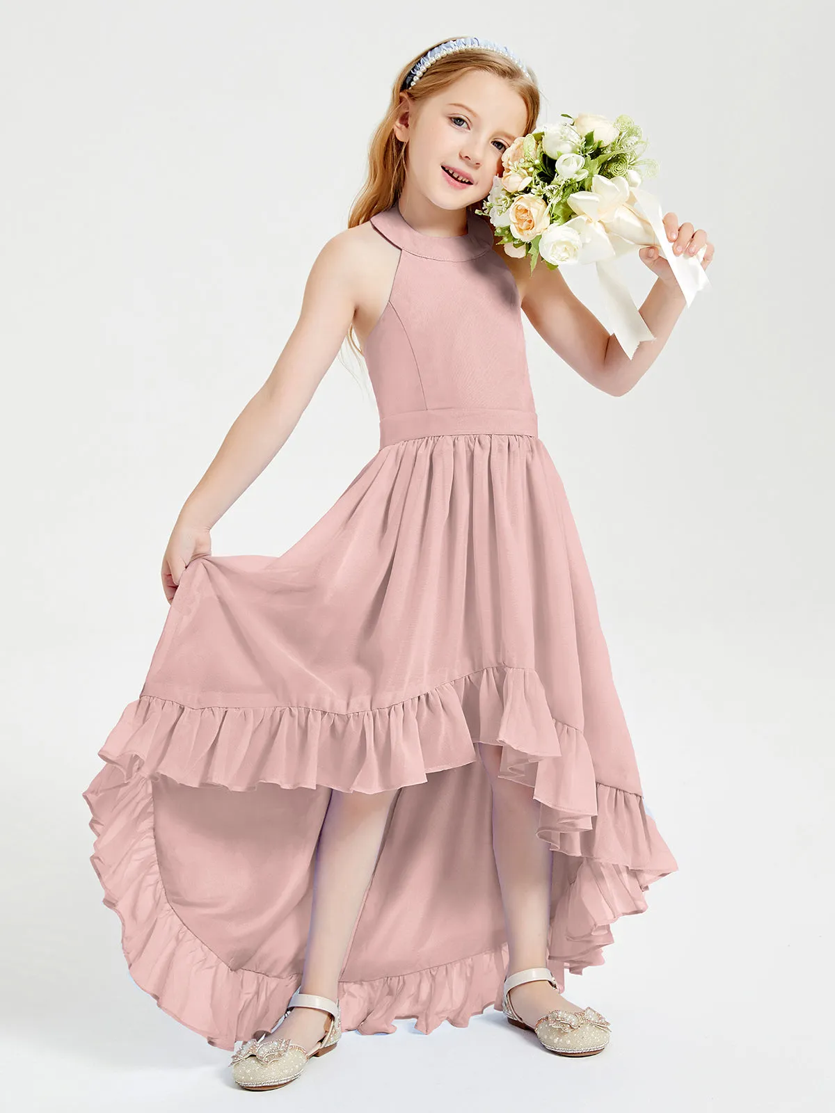 Boho Junior Bridesmaid Dresses Asymmetrical Cascading Skirt Dusty Rose