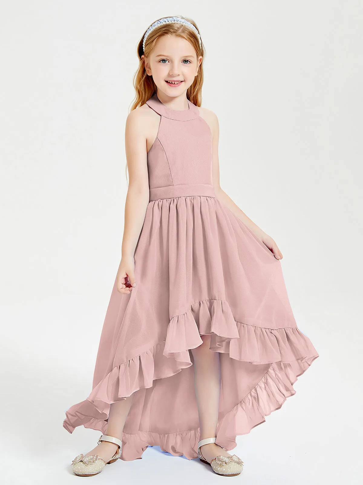 Boho Junior Bridesmaid Dresses Asymmetrical Cascading Skirt Dusty Rose