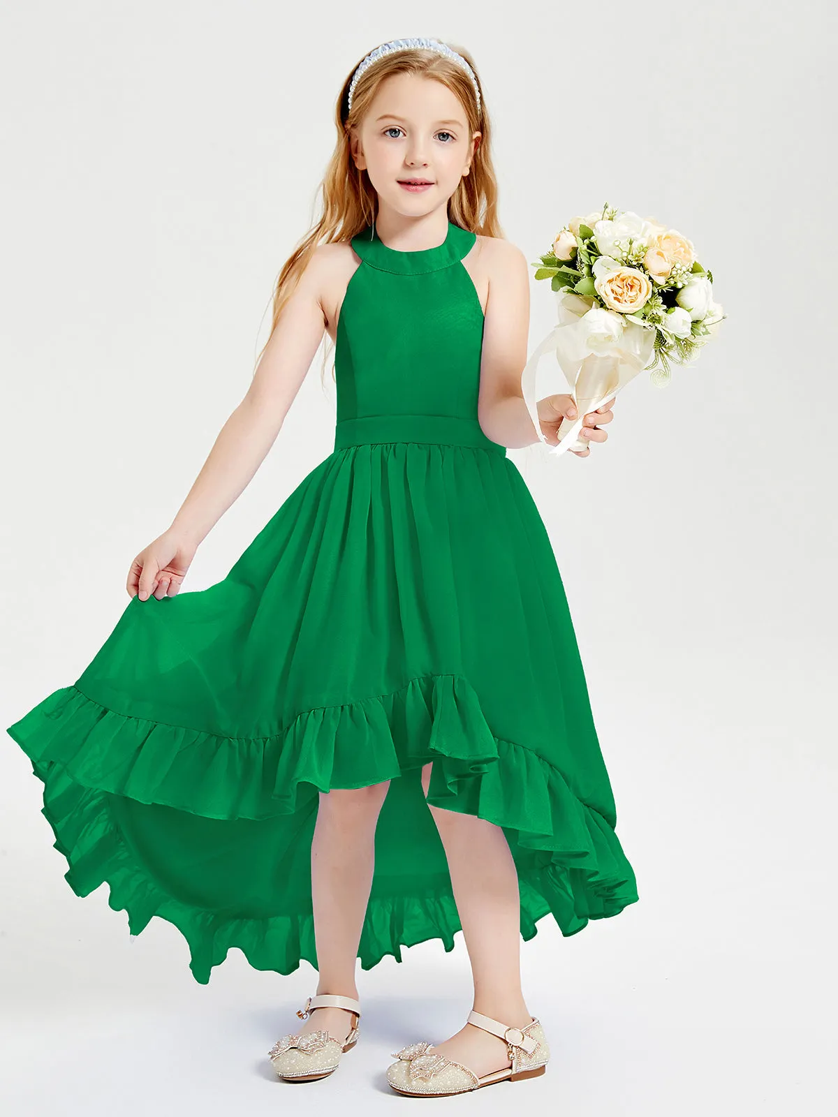 Boho Junior Bridesmaid Dresses Asymmetrical Cascading Skirt Emerald