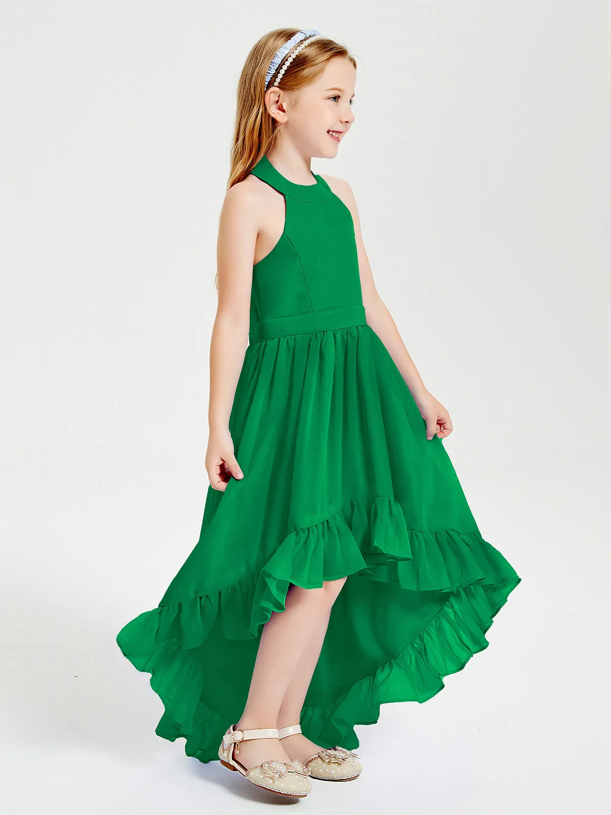 Boho Junior Bridesmaid Dresses Asymmetrical Cascading Skirt Emerald