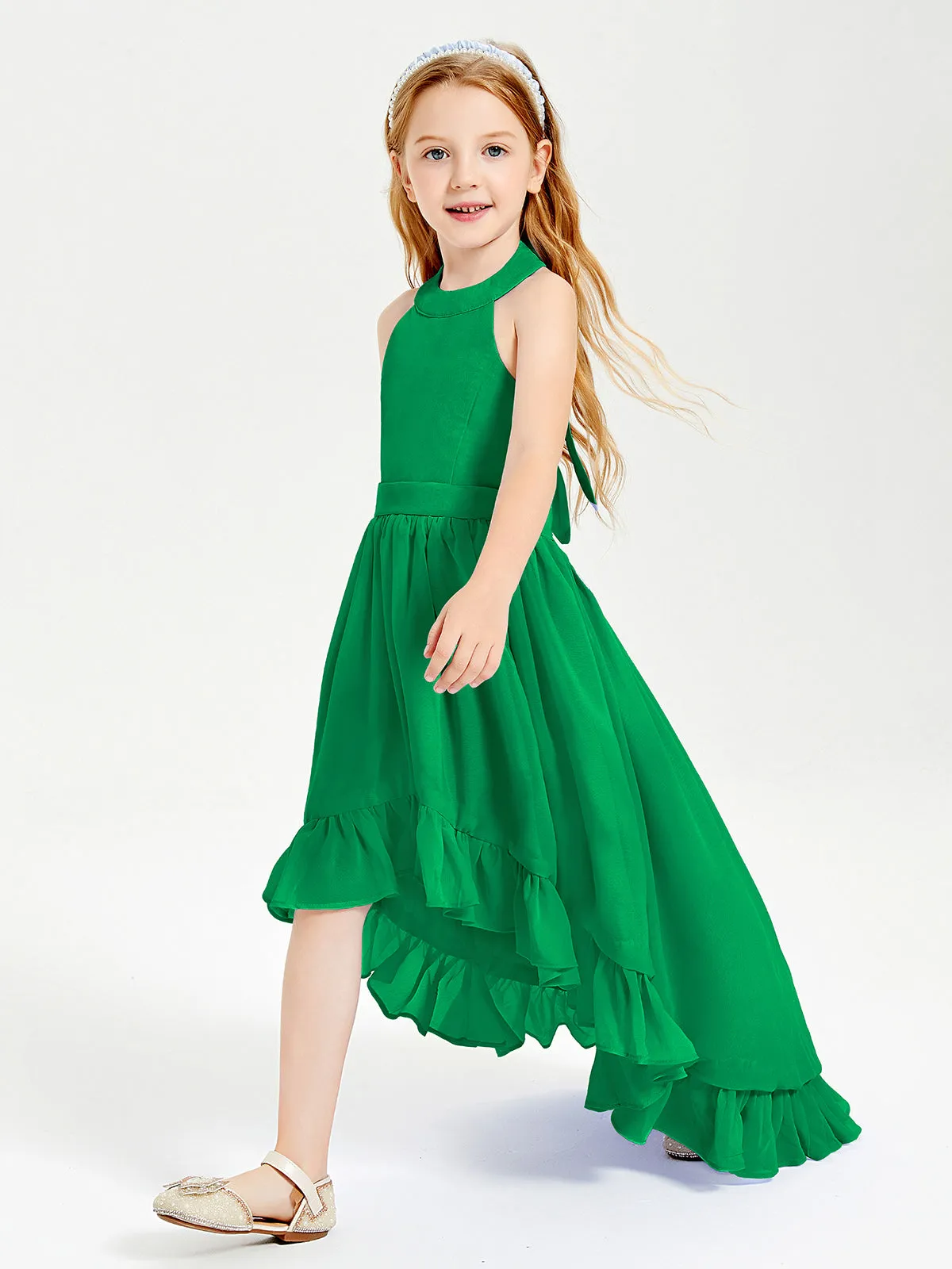 Boho Junior Bridesmaid Dresses Asymmetrical Cascading Skirt Emerald