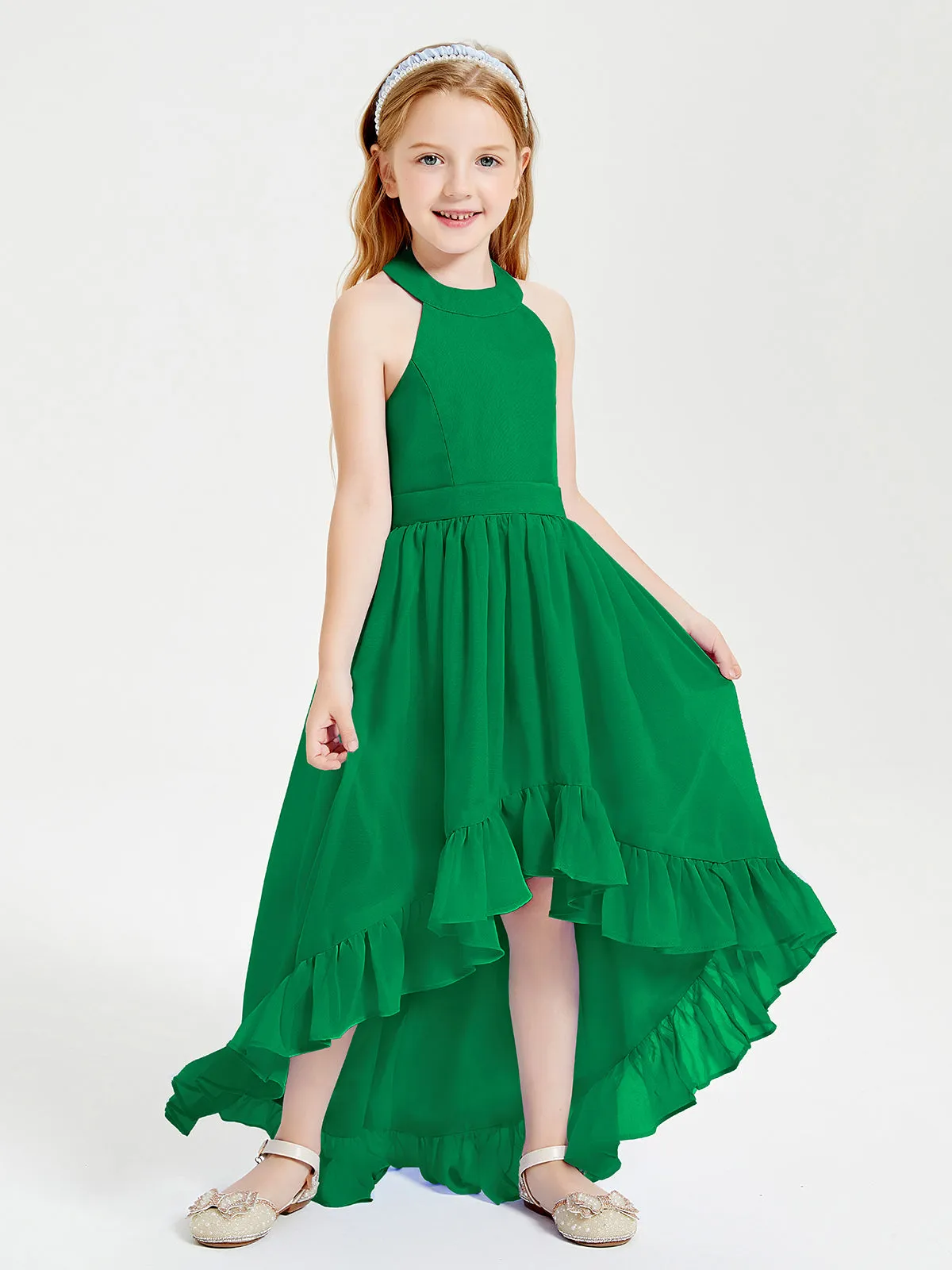 Boho Junior Bridesmaid Dresses Asymmetrical Cascading Skirt Emerald