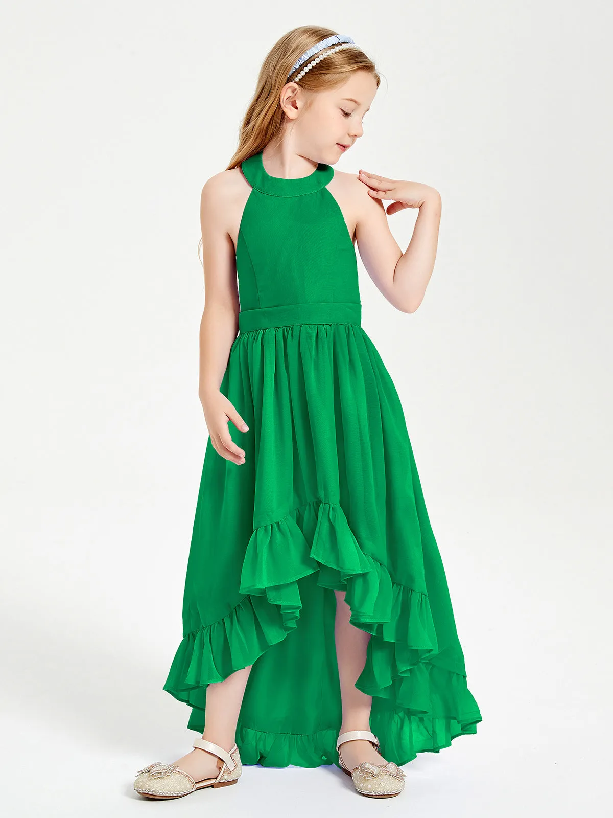 Boho Junior Bridesmaid Dresses Asymmetrical Cascading Skirt Emerald