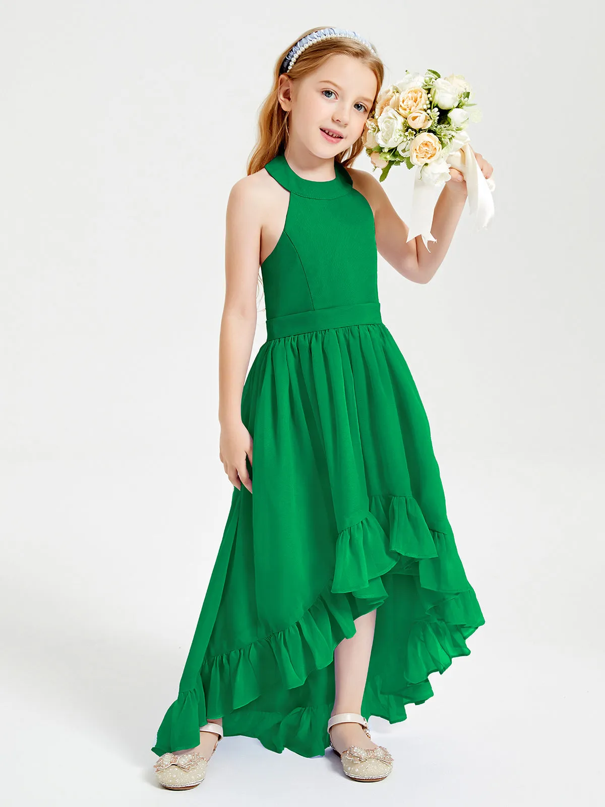 Boho Junior Bridesmaid Dresses Asymmetrical Cascading Skirt Emerald