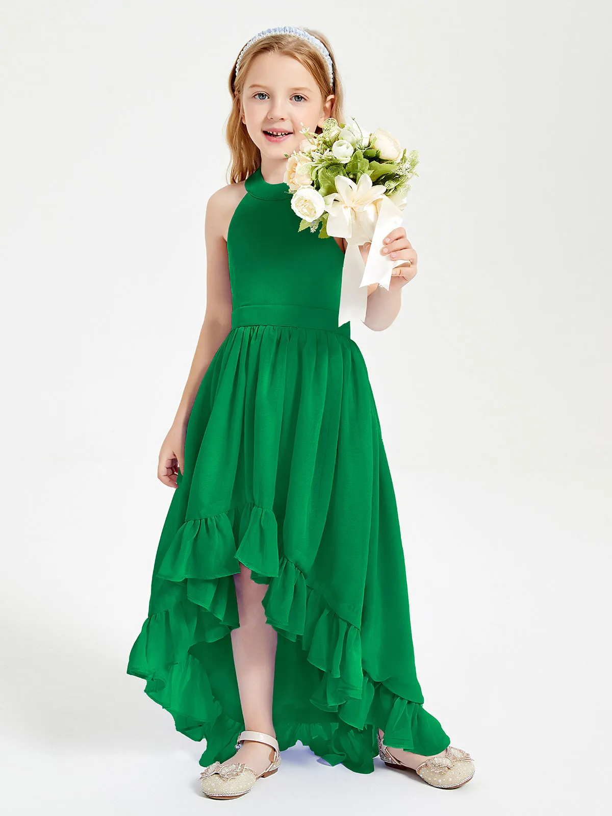 Boho Junior Bridesmaid Dresses Asymmetrical Cascading Skirt Emerald