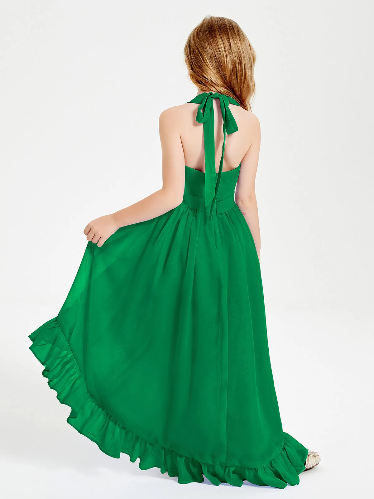 Boho Junior Bridesmaid Dresses Asymmetrical Cascading Skirt Emerald