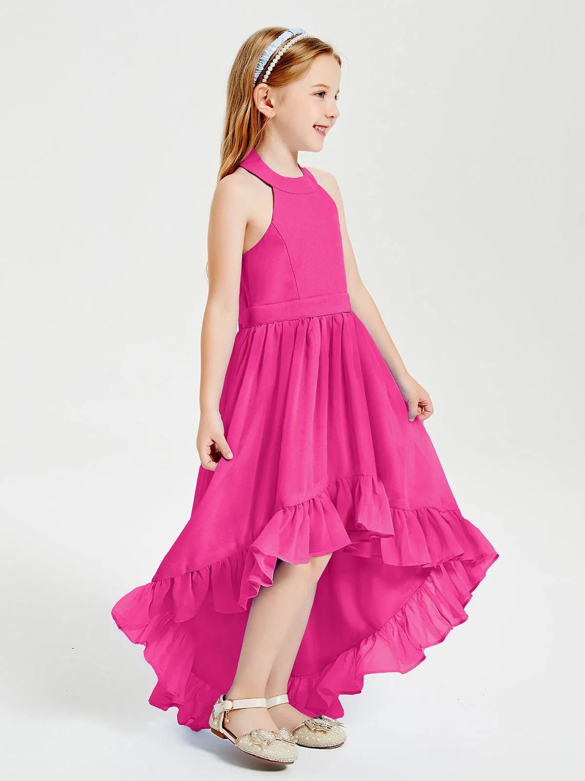 Boho Junior Bridesmaid Dresses Asymmetrical Cascading Skirt Fuchsia