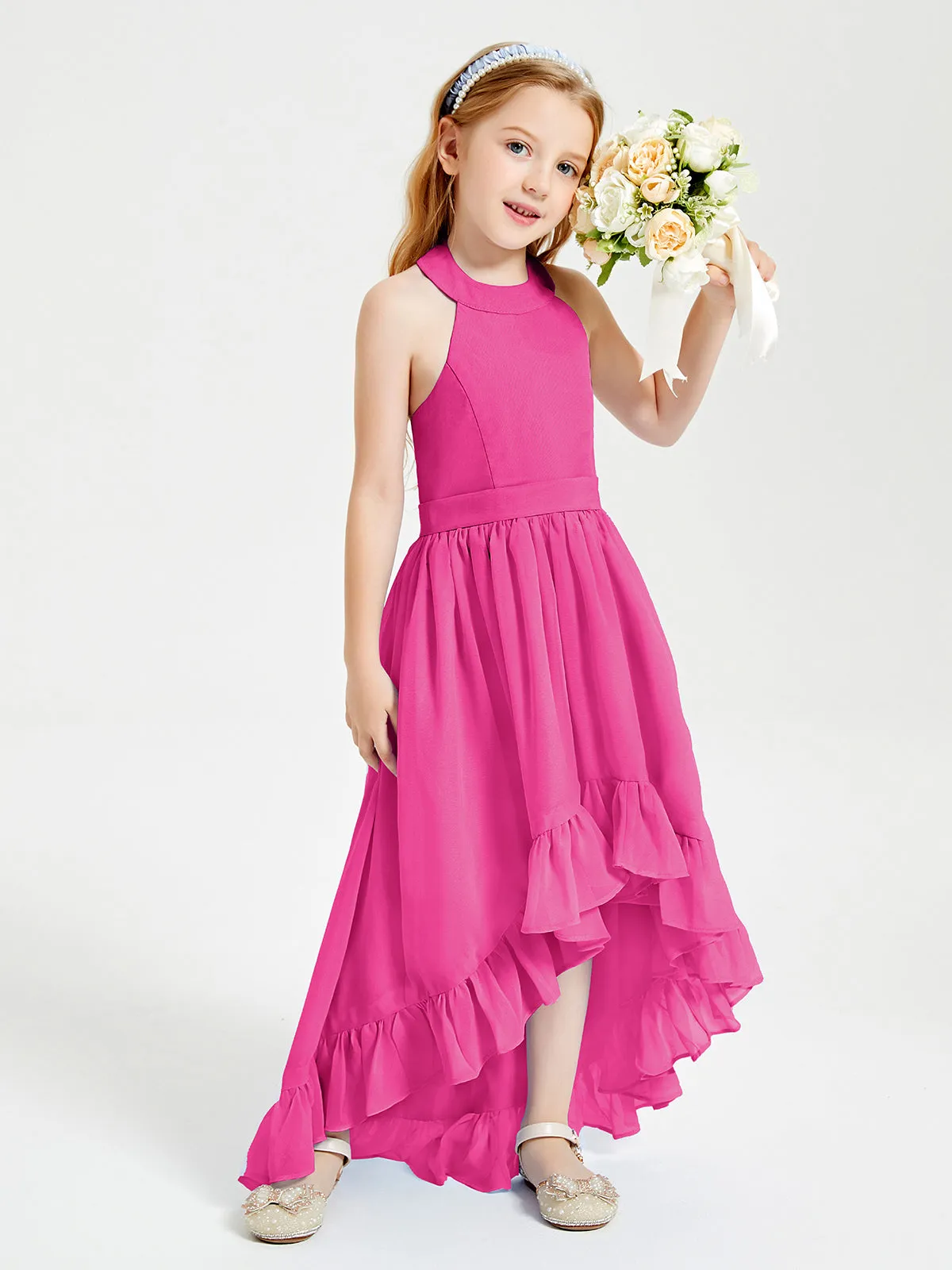 Boho Junior Bridesmaid Dresses Asymmetrical Cascading Skirt Fuchsia