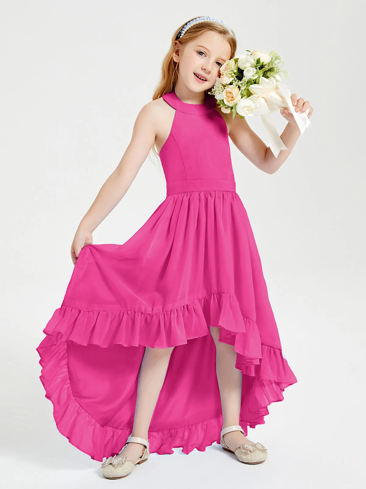 Boho Junior Bridesmaid Dresses Asymmetrical Cascading Skirt Fuchsia