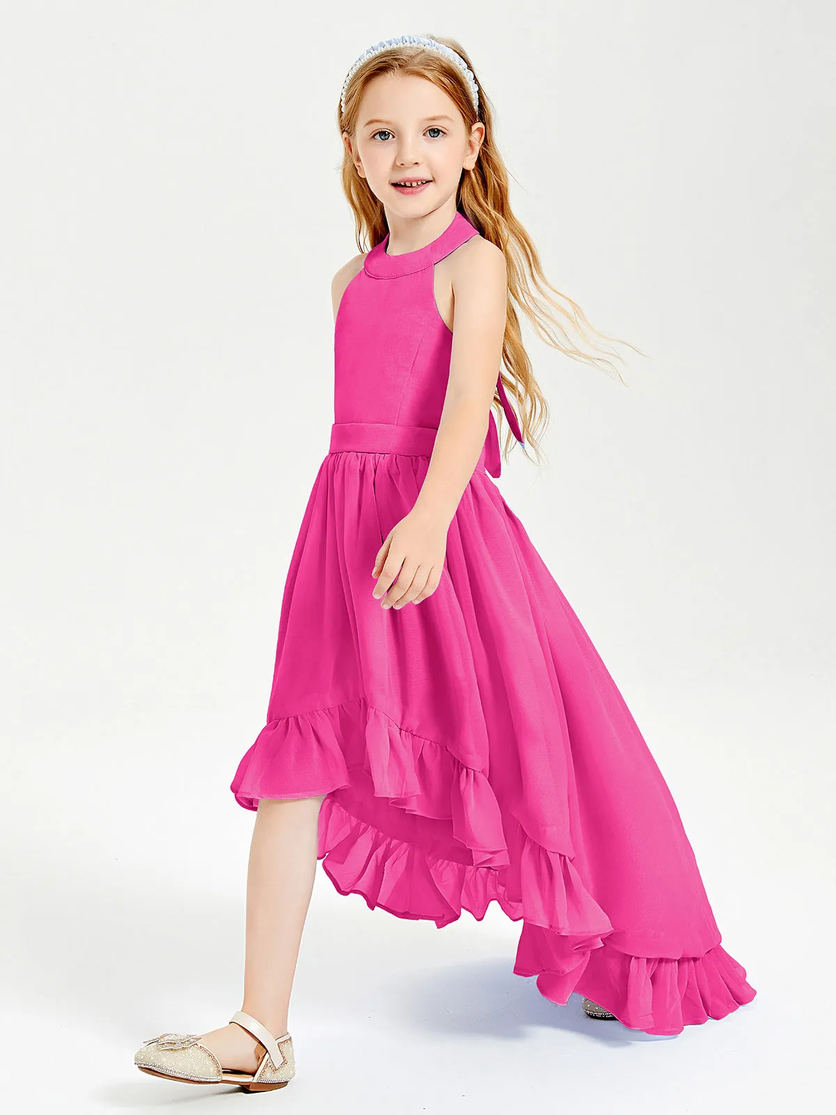 Boho Junior Bridesmaid Dresses Asymmetrical Cascading Skirt Fuchsia