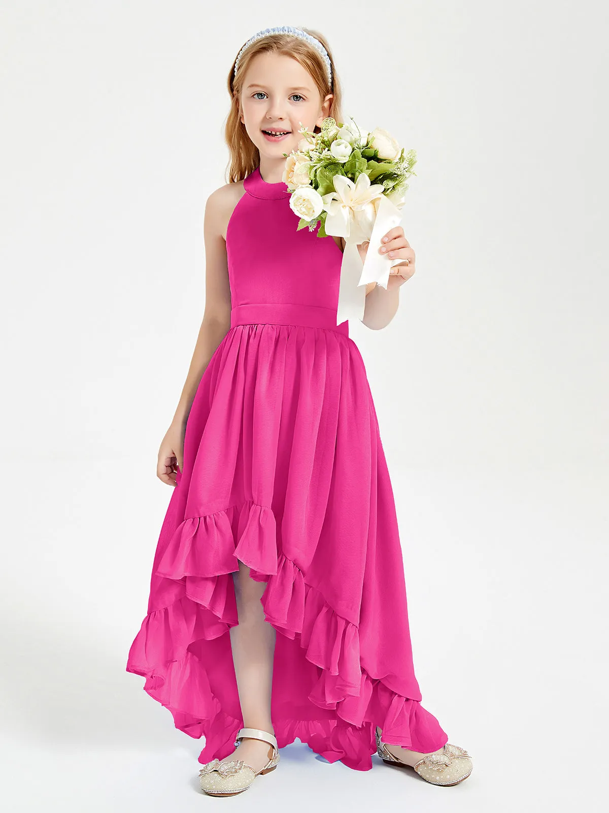 Boho Junior Bridesmaid Dresses Asymmetrical Cascading Skirt Fuchsia