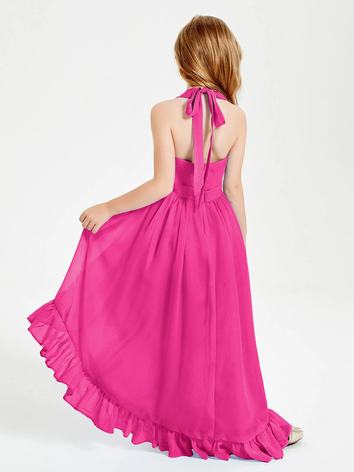 Boho Junior Bridesmaid Dresses Asymmetrical Cascading Skirt Fuchsia